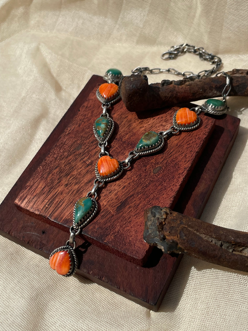 Kingman Turquoise & Spiny Oyster Lariat Necklace | 925 Sterling Silver D317