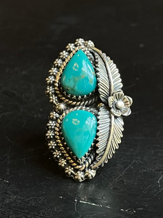 Turquoise Feather Ring Size 8 | Sterling Silver E893