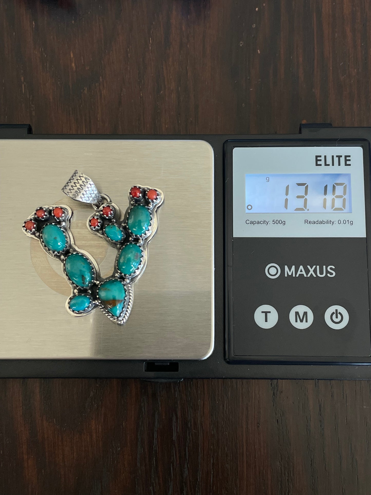 Kingman Turquoise Coral Cactus Pendant | Sterling Silver E928