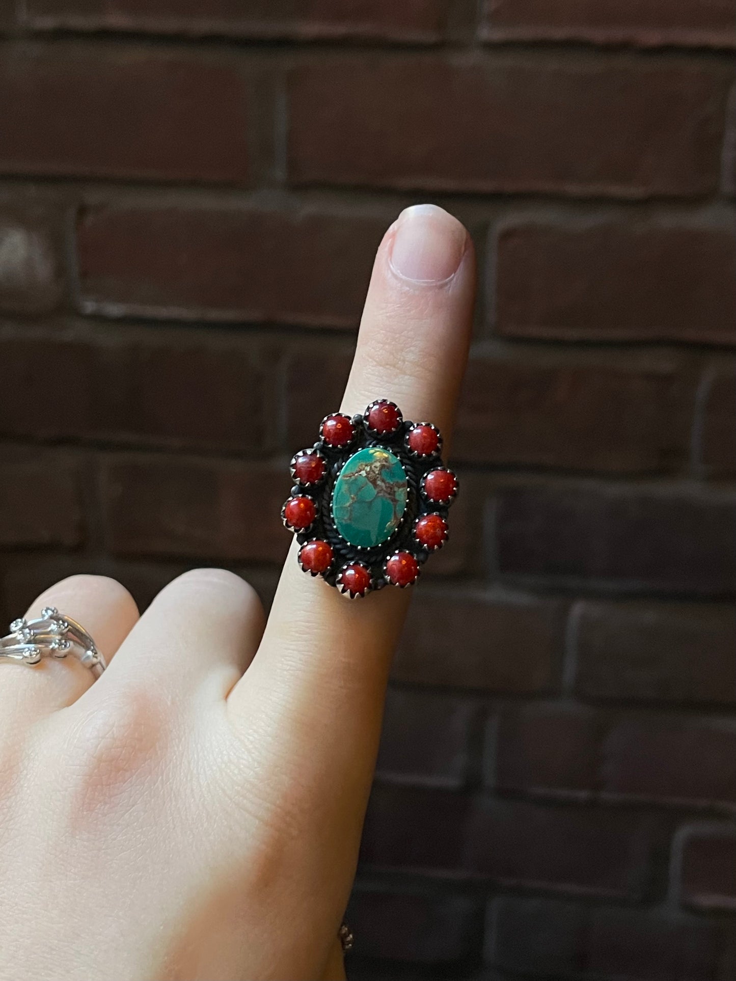 Kingman Turquoise Coral Cluster Ring | Sterling Silver | Size 9 | A179