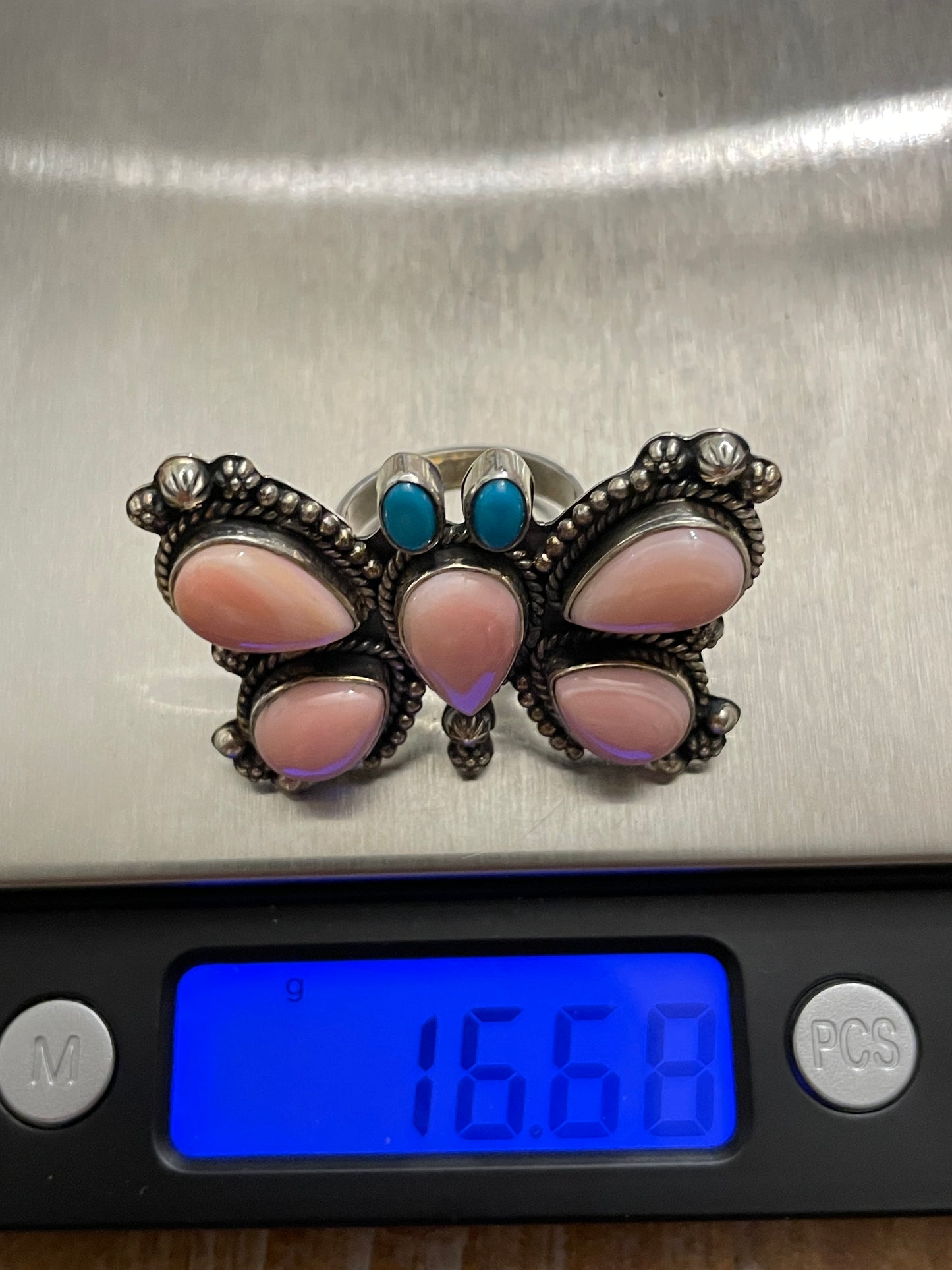 Pink Conch & Turquoise Butterfly Ring | 925 Sterling Silver | Size 7 B907