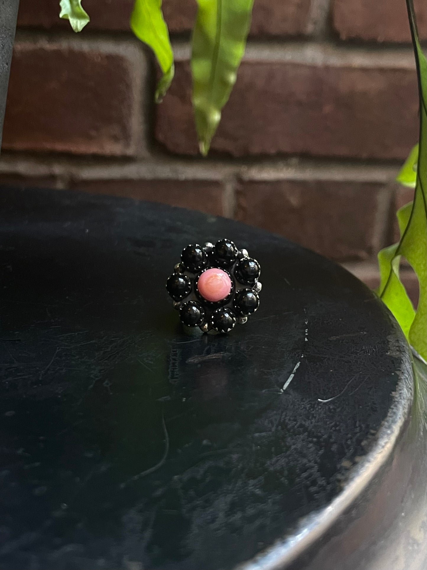 Black Onyx Pink Conch Flower Ring | Sterling Silver Size 5.5 925 C733