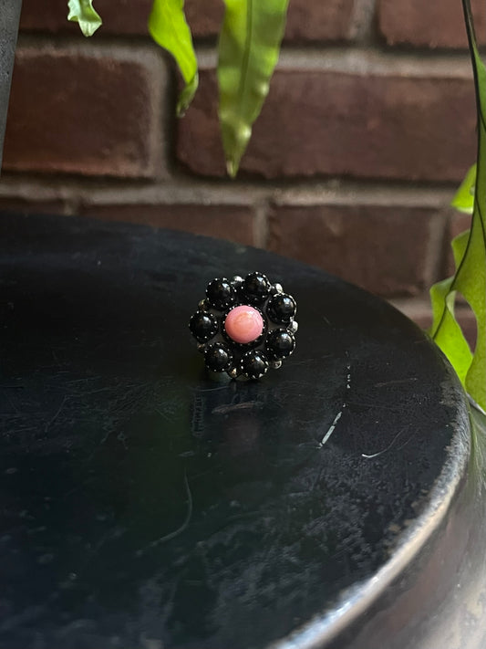 Black Onyx Pink Conch Flower Ring | Sterling Silver Size 5.5 925 C733