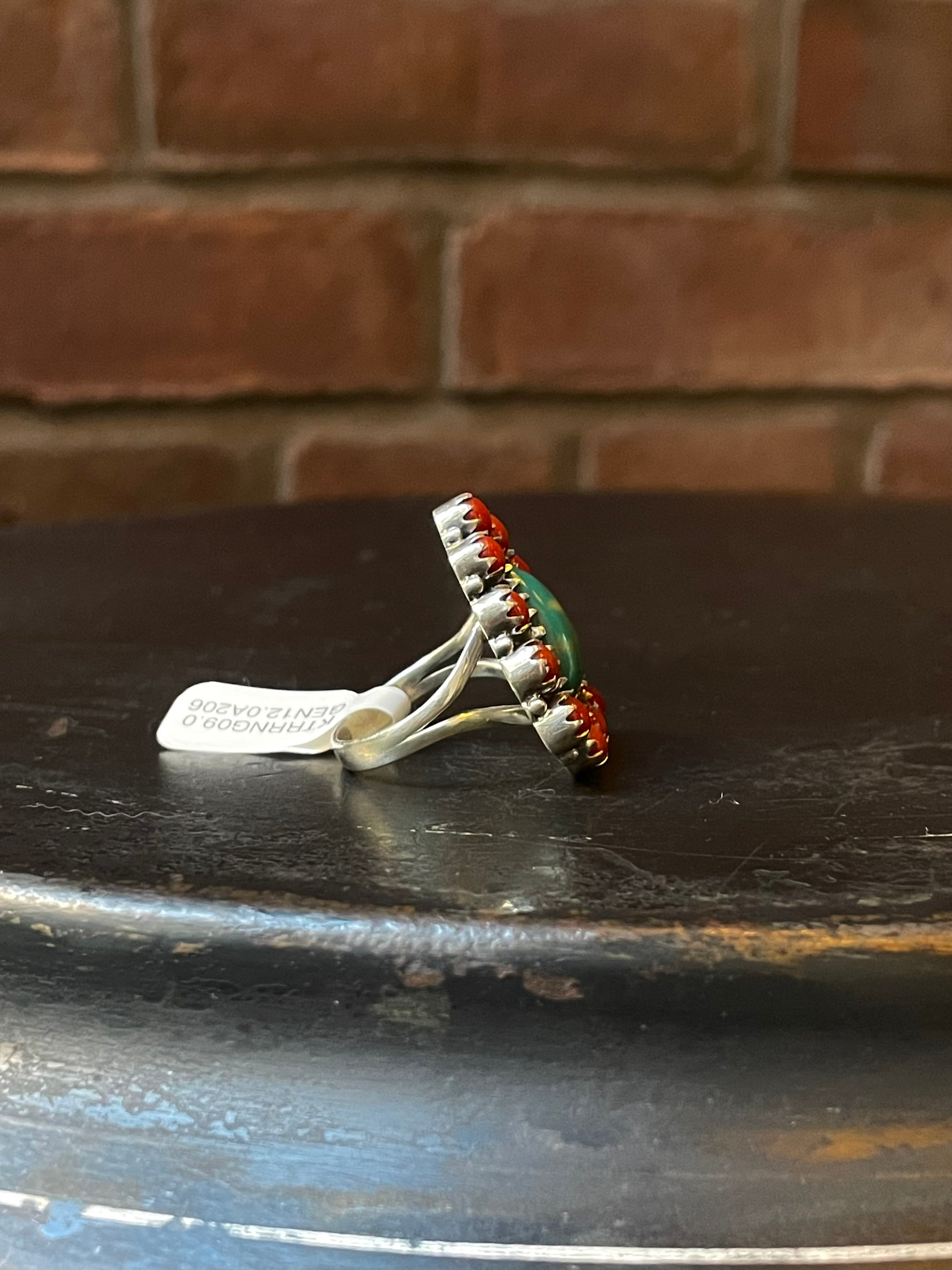 Kingman Turquoise Coral Cluster Ring | Sterling Silver | Size 9 | A206