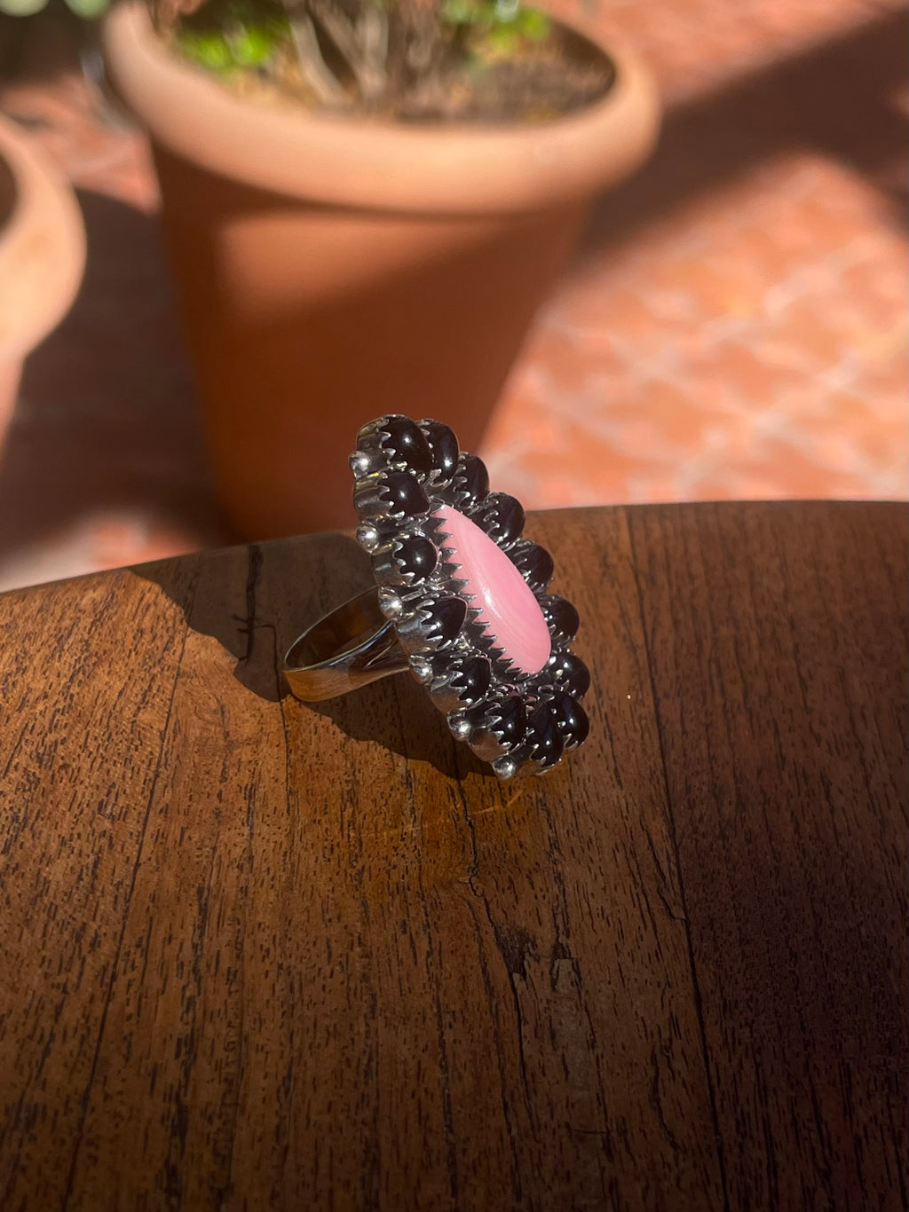 Pink Conch Black Onyx Ring | Sterling Silver | Size 9 C860