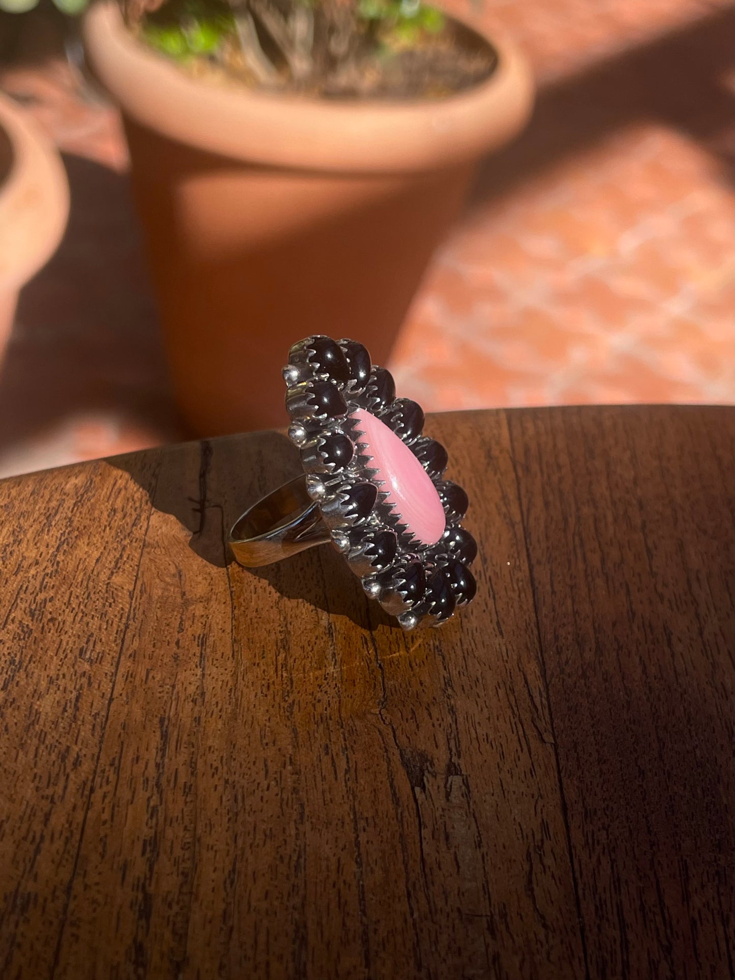 Pink Conch Black Onyx Ring | Sterling Silver | Size 9 C860