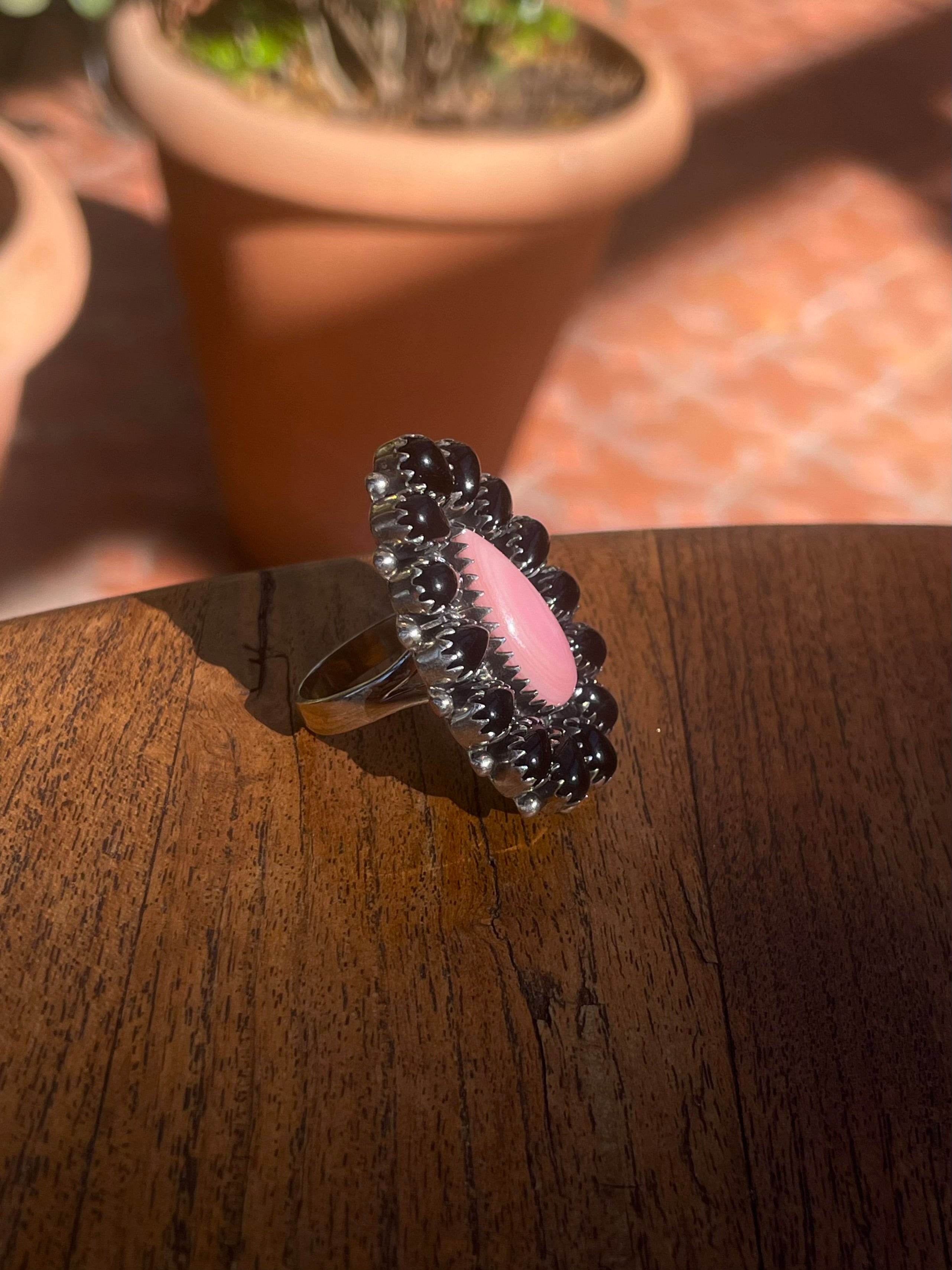 Pink Conch Black Onyx Ring | Sterling Silver | Size 9 C860