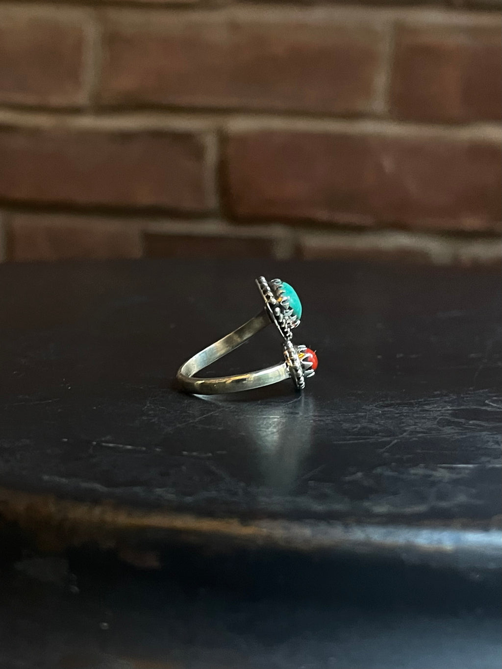 Kingman Turquoise and Red Coral Bypass Ring Size 6 | 925 Sterling Silver E487