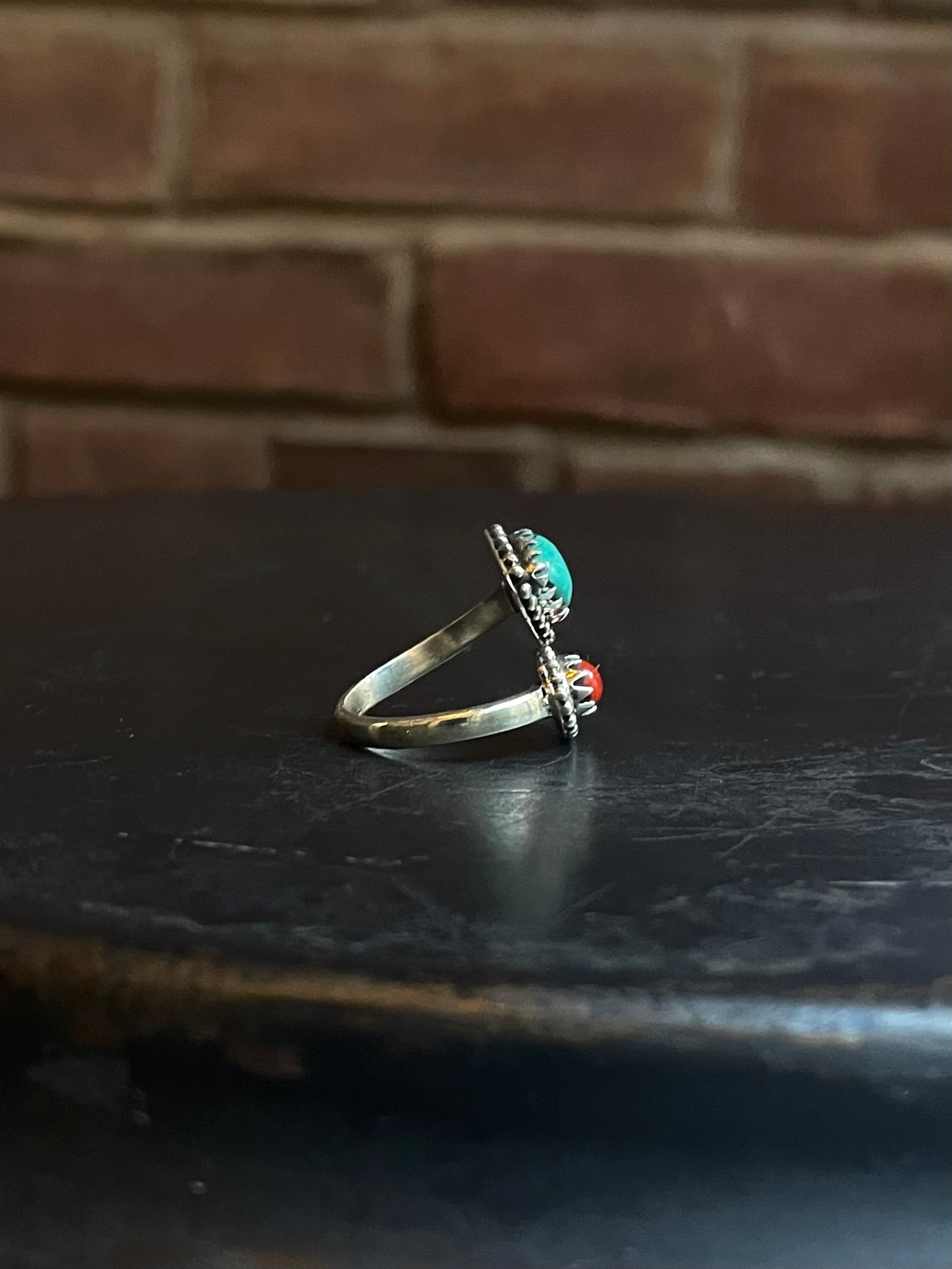 Kingman Turquoise and Red Coral Bypass Ring Size 6 | 925 Sterling Silver E487