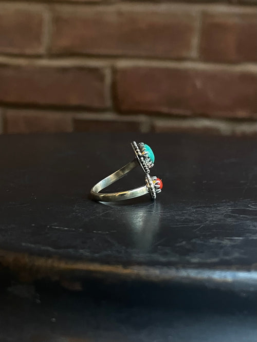 Kingman Turquoise and Red Coral Bypass Ring Size 6 | 925 Sterling Silver E487