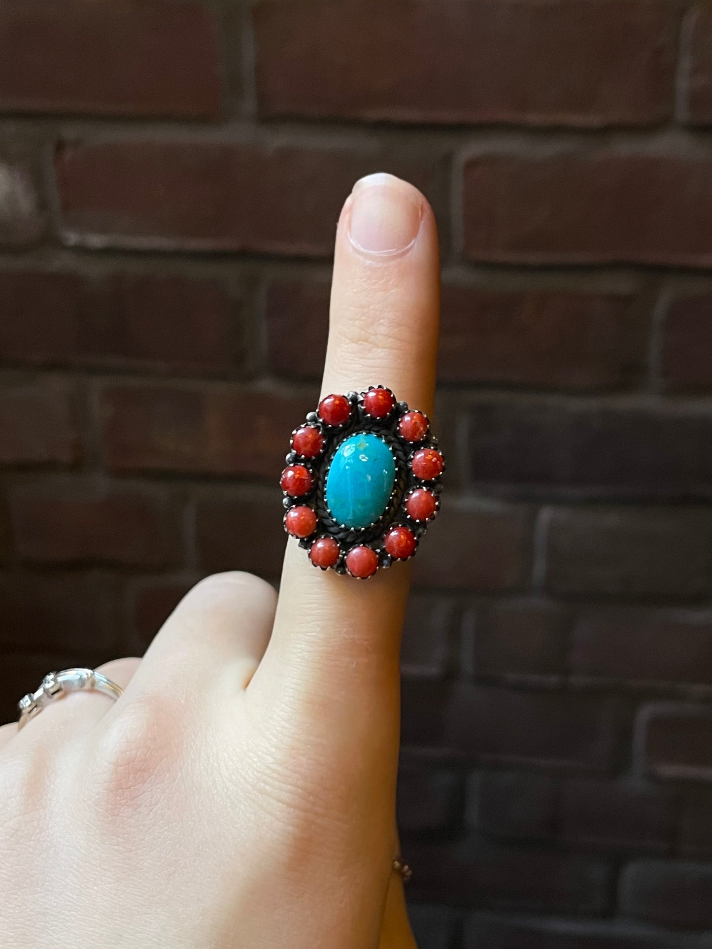 Kingman Turquoise Coral Cluster Ring | Sterling Silver | Size 9 | A208