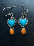 Kingman Turquoise Heart Spiny Oyster Hook Earrings | Silver E649