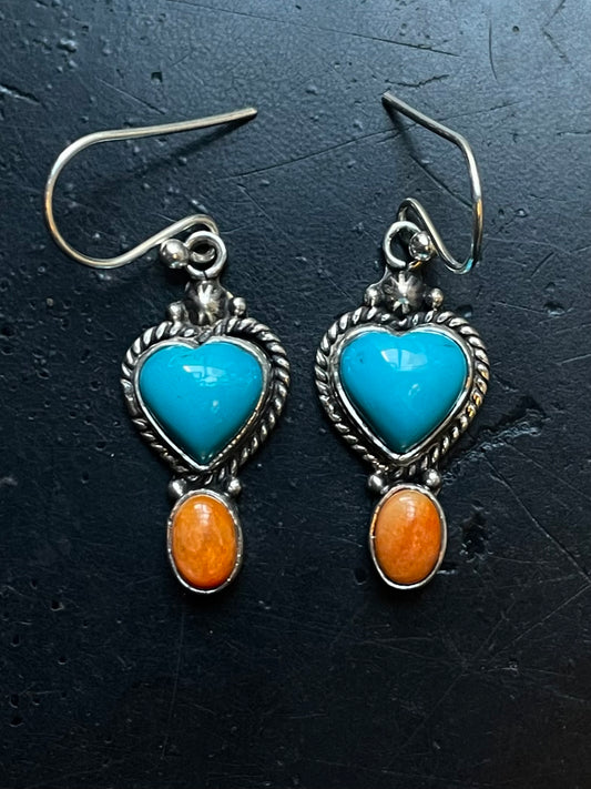 Kingman Turquoise Heart Spiny Oyster Hook Earrings | Silver E649