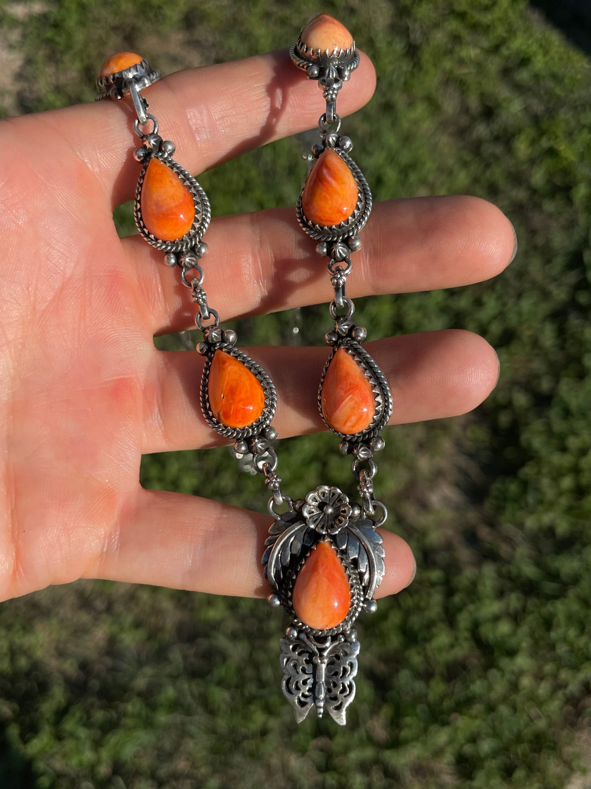 Orange Spiny Oyster Lariat Necklace | Floral Drop with Butterfly | 925 Sterling Silver E595