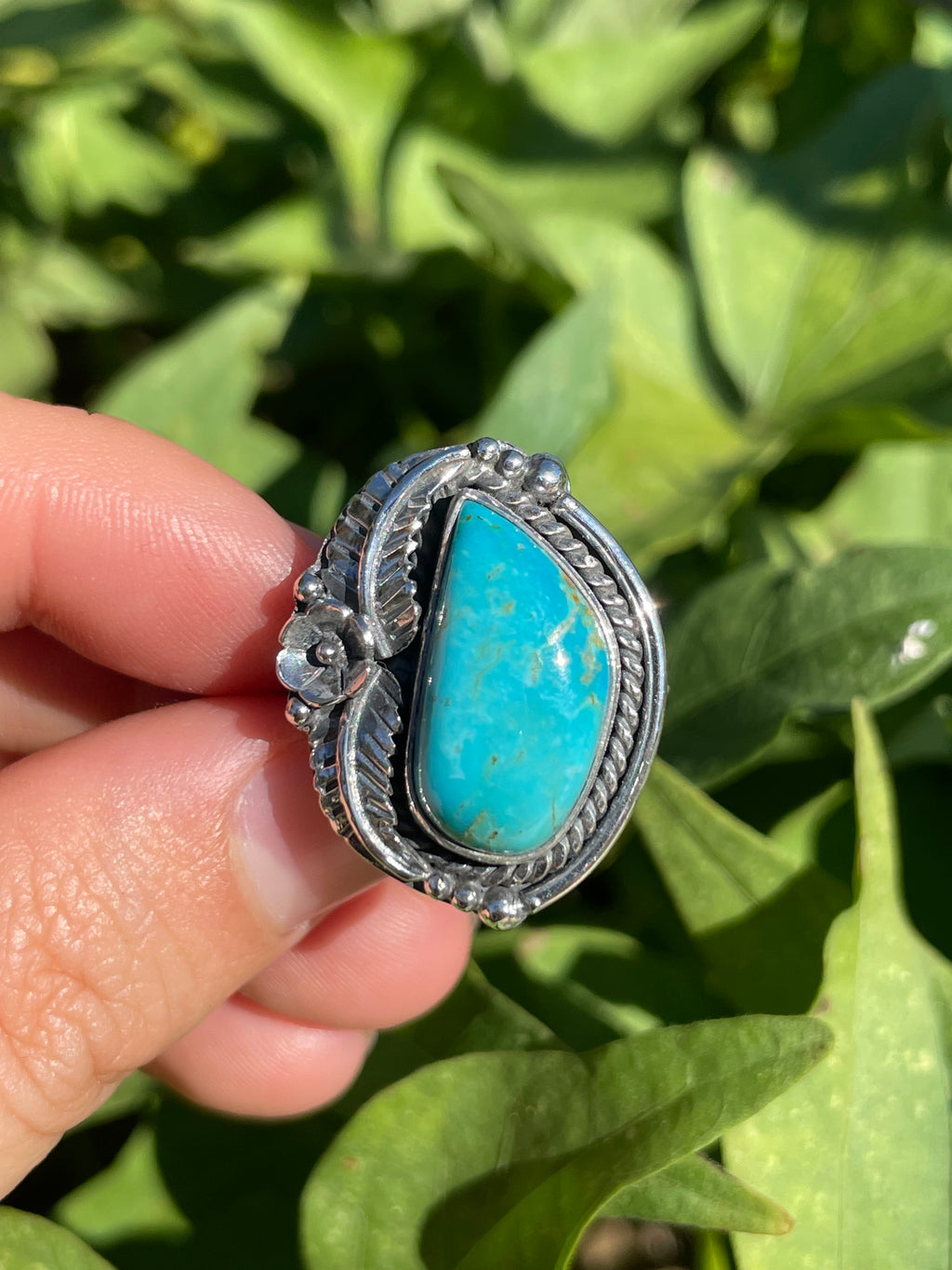 Turquoise Leaf Ring | 925 Sterling Silver Size 8.75 B350