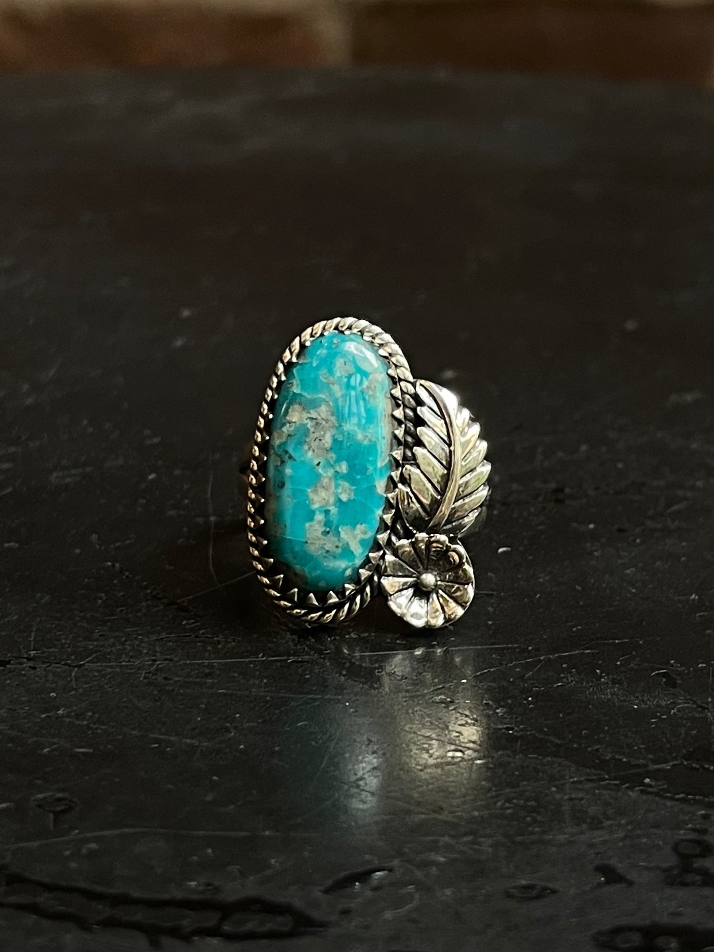Kingman Turquoise Floral Ring Size 7.5 | 925 Sterling Silver Southwest E180