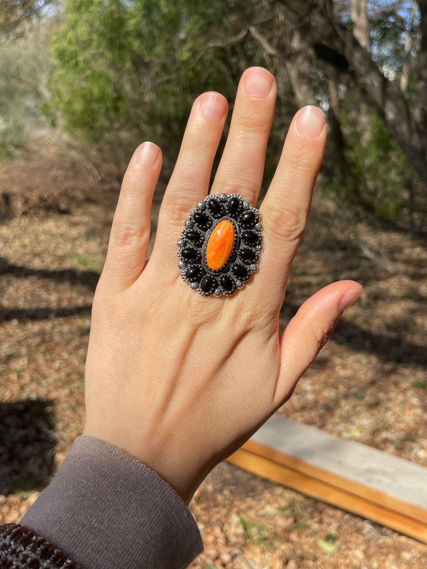 Spiny Oyster Black Onyx Cluster Ring Size 8.5 | 925 Sterling Silver D110