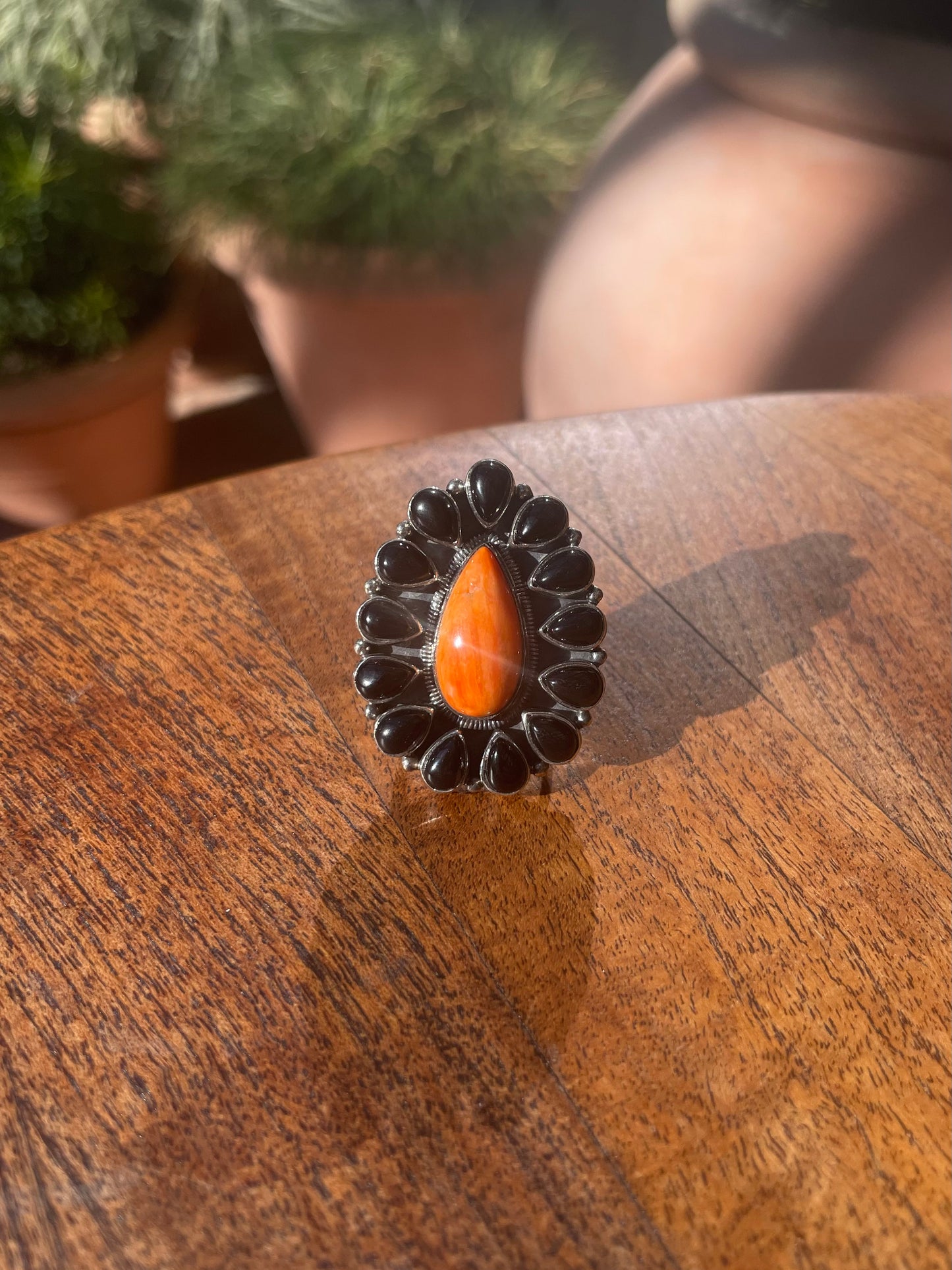 Spiny Oyster & Black Onyx Cluster Ring Size 6 | 925 Sterling Silver C871