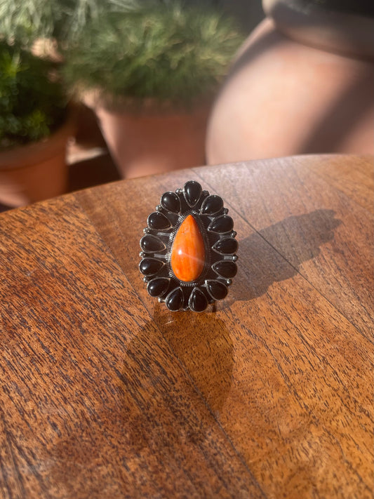 Spiny Oyster & Black Onyx Cluster Ring Size 6 | 925 Sterling Silver C871