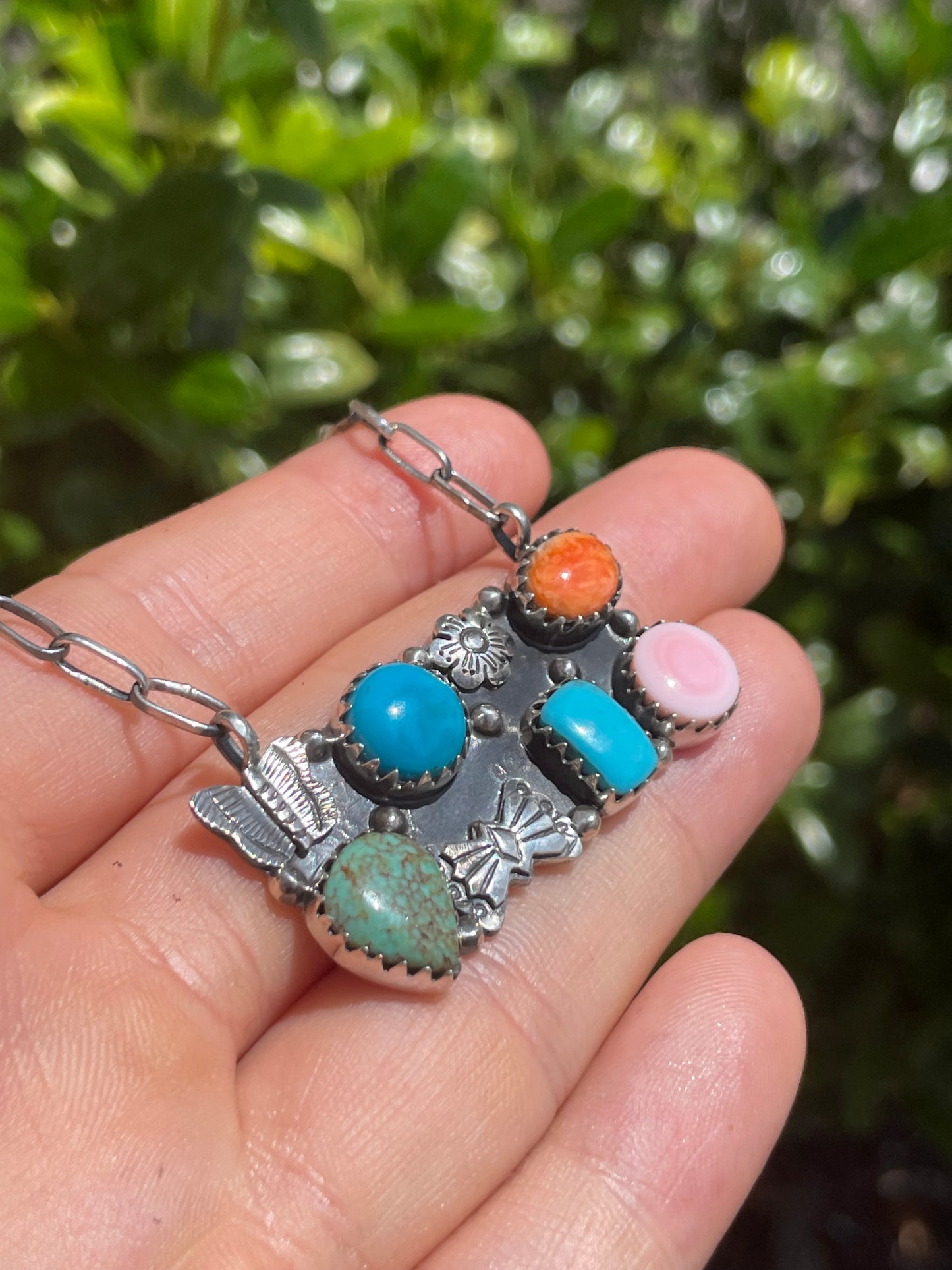 Turquoise, Pink Conch & Spiny Oyster Butterfly Necklace | Sterling Silver D166