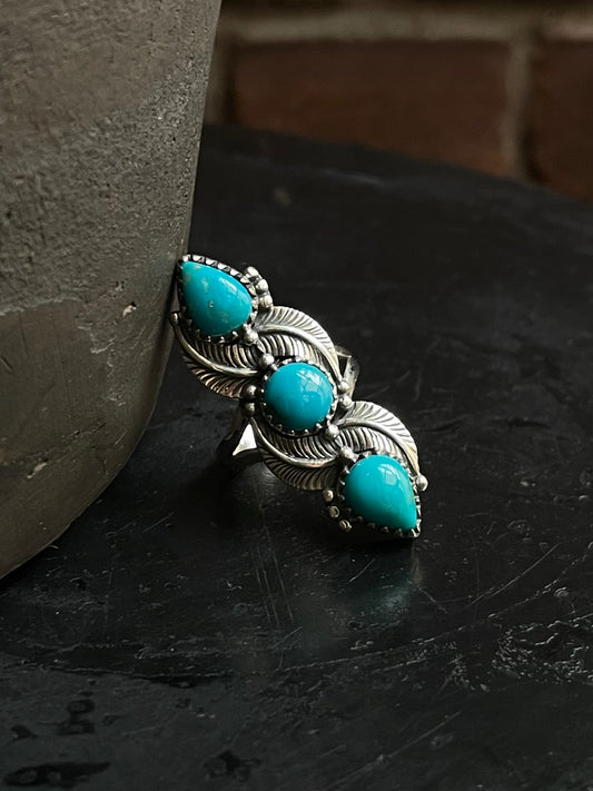 Kingman Turquoise Feather Ring Size 8 | 925 Sterling Silver Southwest E210