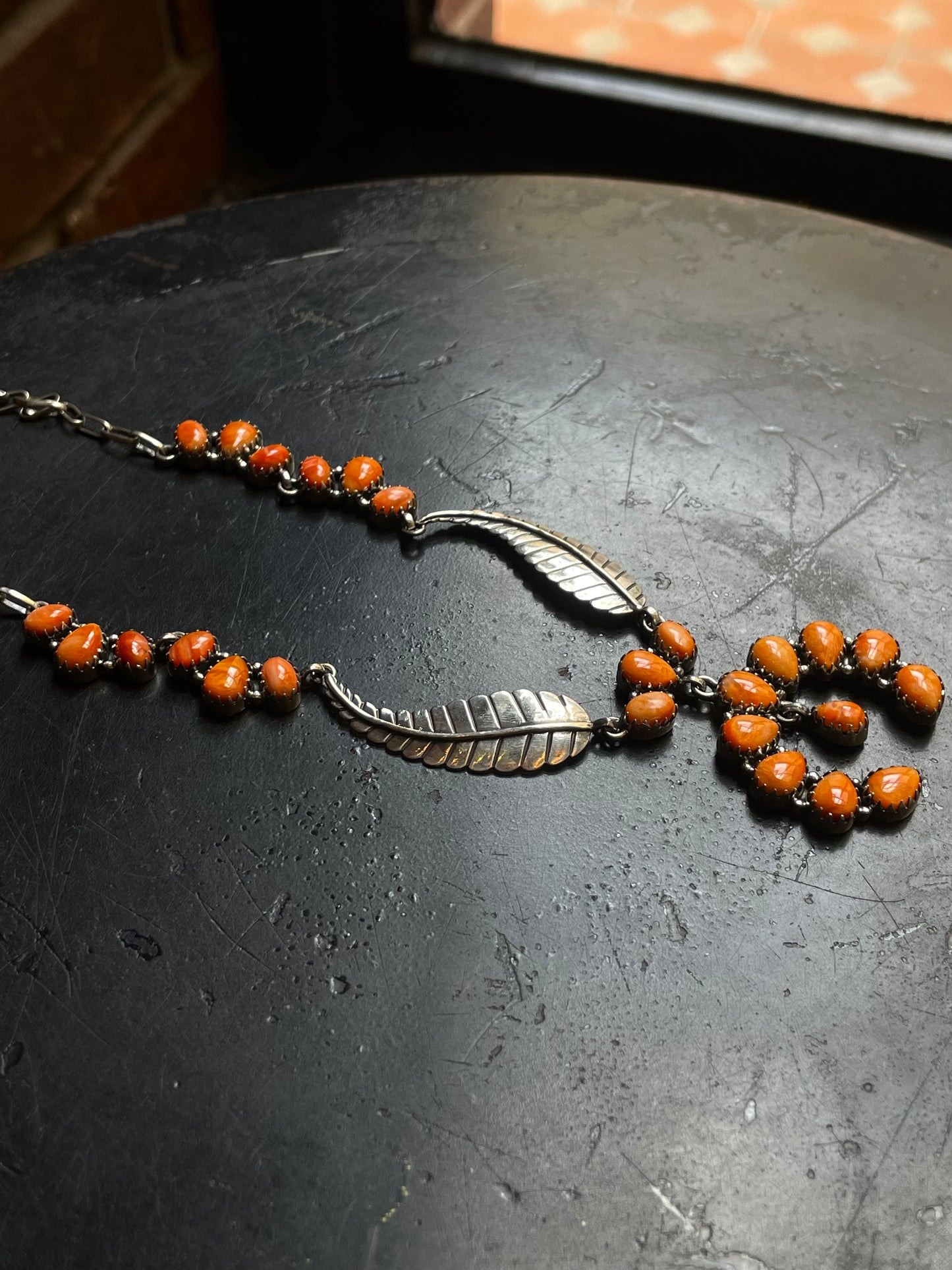 Orange Spiny Oyster Feather Naja Necklace | 925 Sterling Silver E594