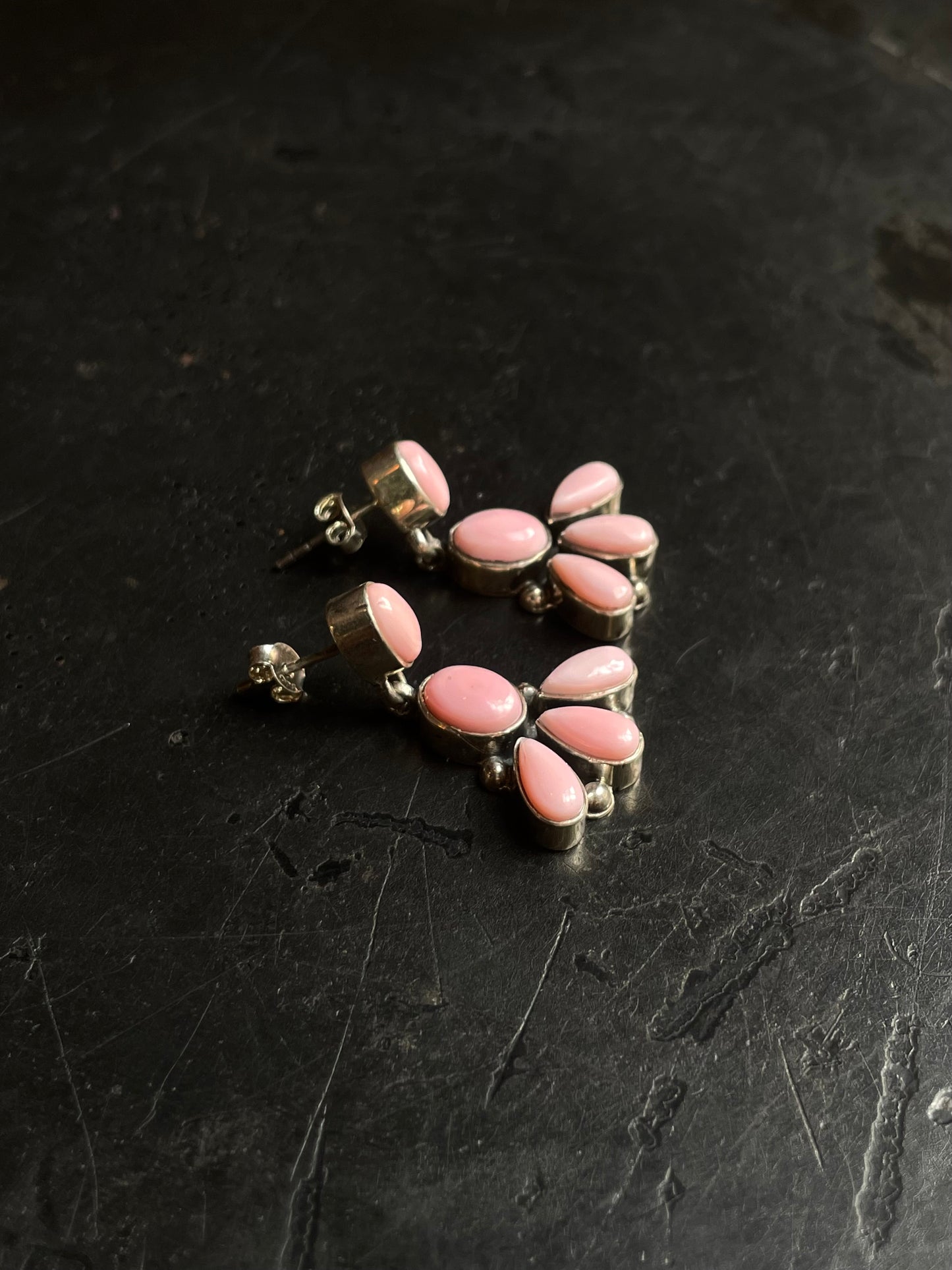 Pink Conch Drop Stud Earrings | Multi Stone Cluster Sterling Silver E674