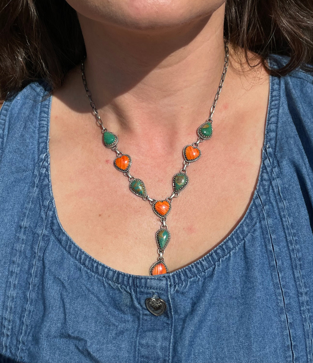 Kingman Turquoise & Spiny Oyster Lariat Necklace | 925 Sterling Silver D317