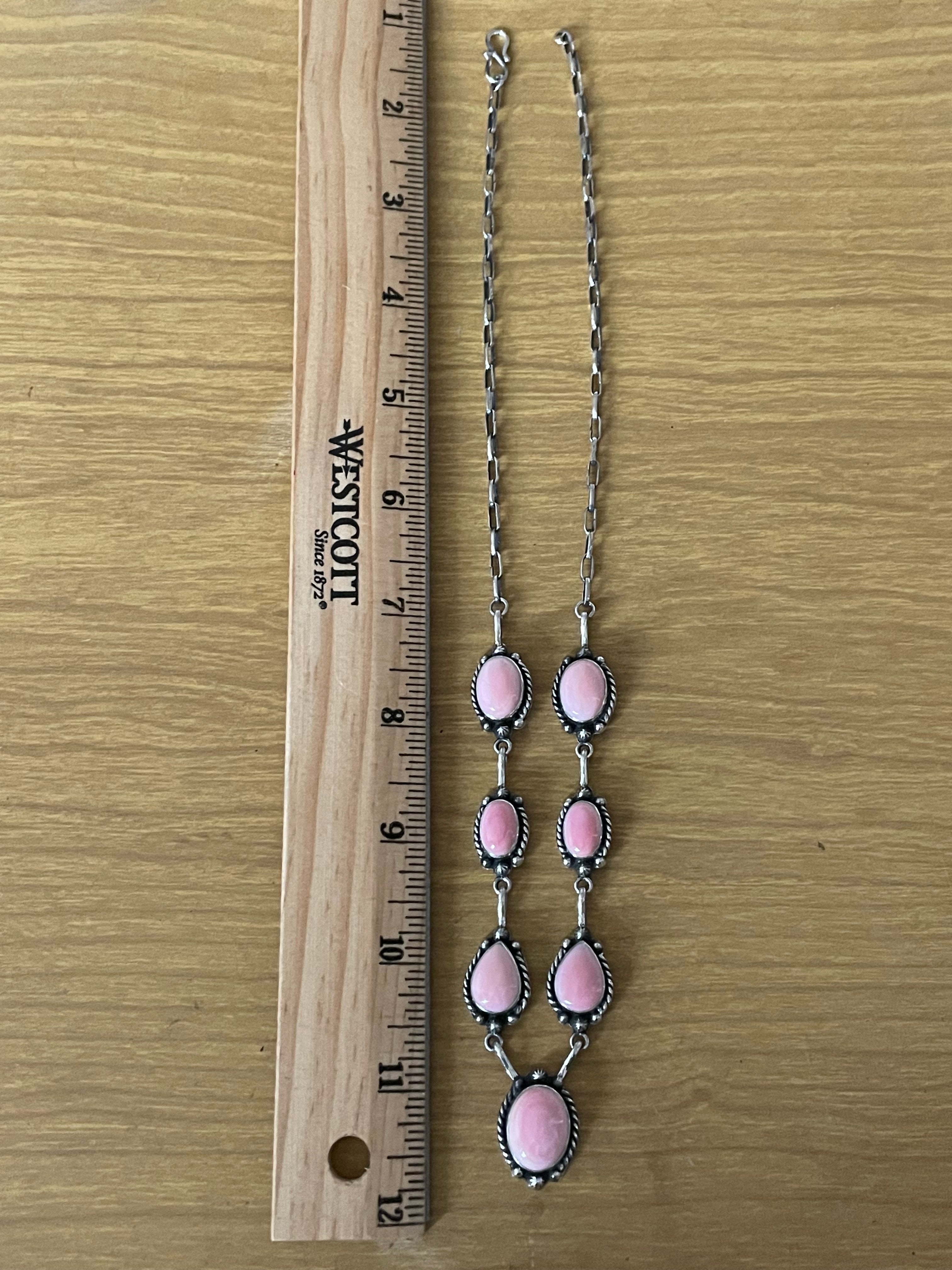 Pink Conch Lariat Necklace | Teardrop Station Drop | 925 Silver E565