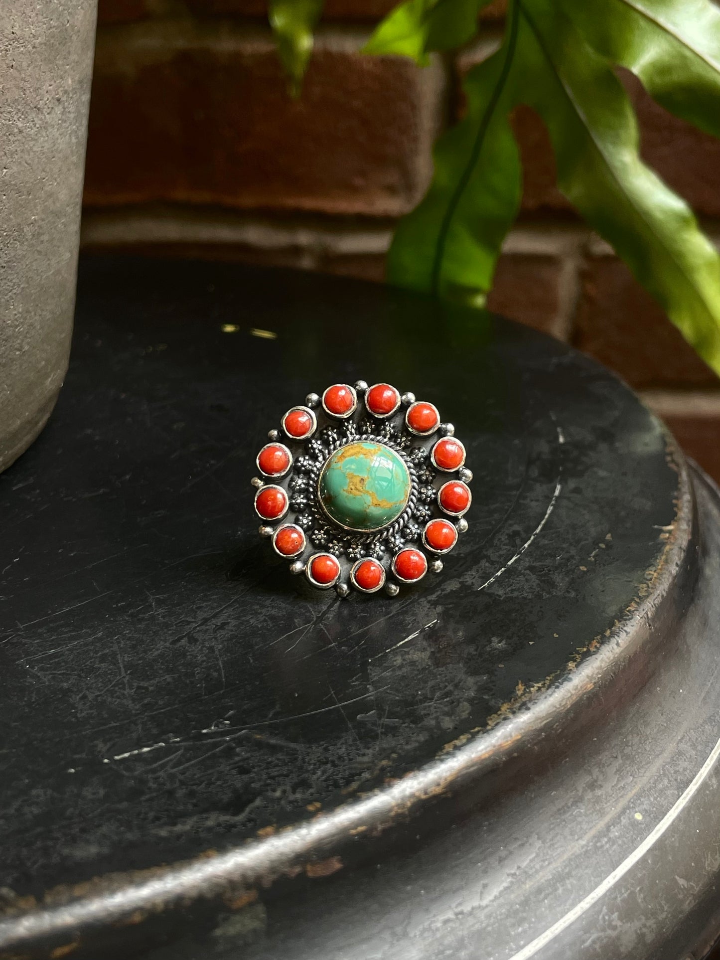 Kingman Turquoise Coral Cluster Ring | Sterling Silver 925 | Size 8 C595