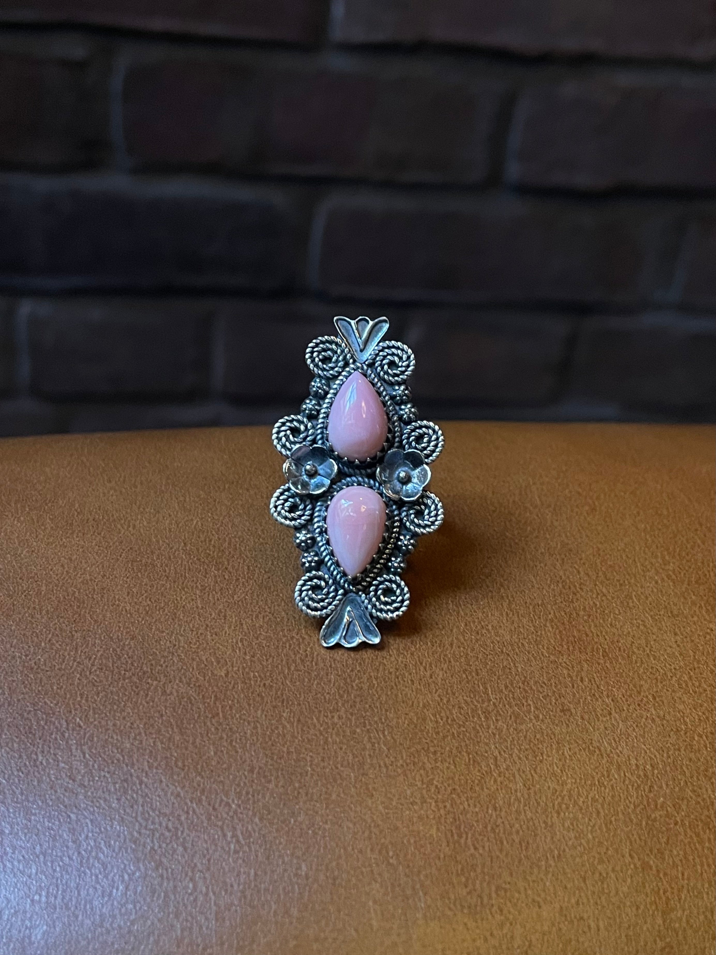 Pink Conch Floral Ring Size 7 | 925 Sterling Silver C561