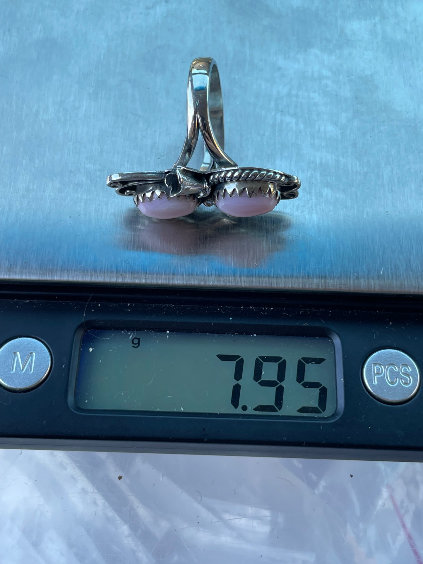 Pink Conch Squash Blossom Double Stone Ring | Sterling Silver 925 Size 7 C728