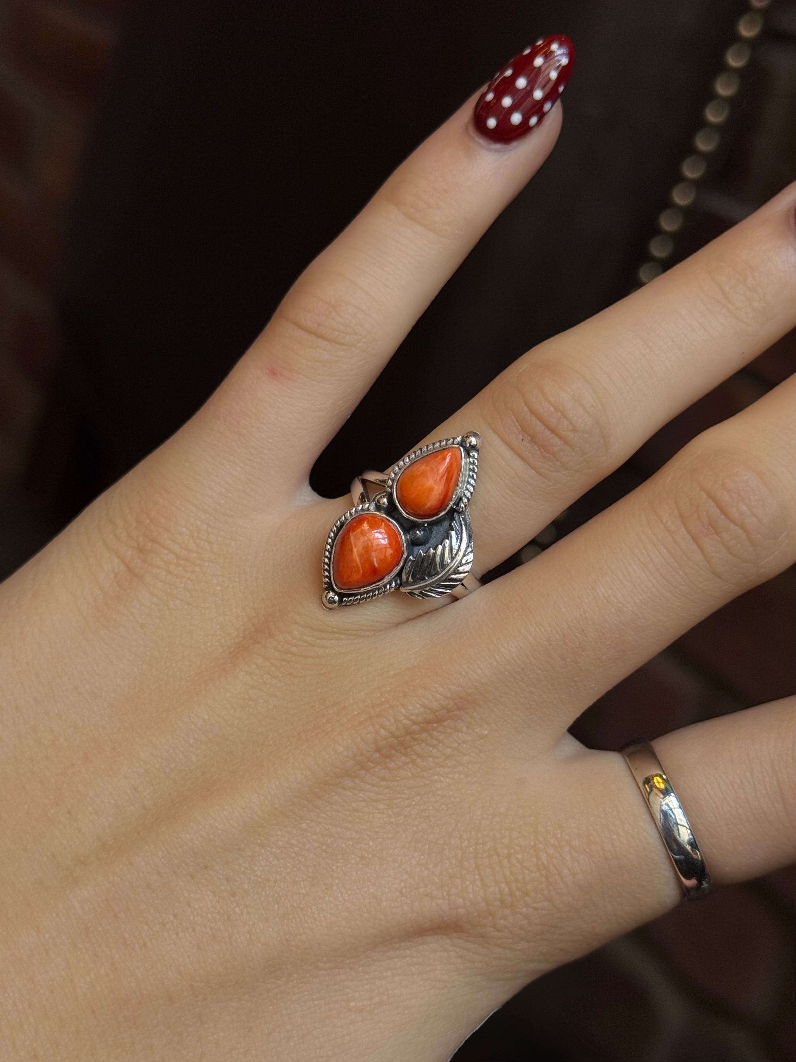 Spiny Oyster Double Stone Ring | 925 Sterling Silver | Size 6 C342