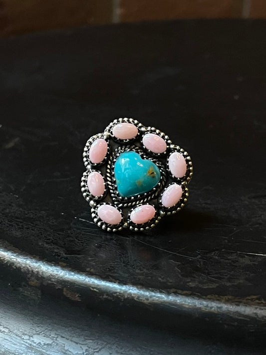 Kingman Turquoise Heart & Pink Conch Cluster Ring Size 7 | 925 Sterling Silver E417