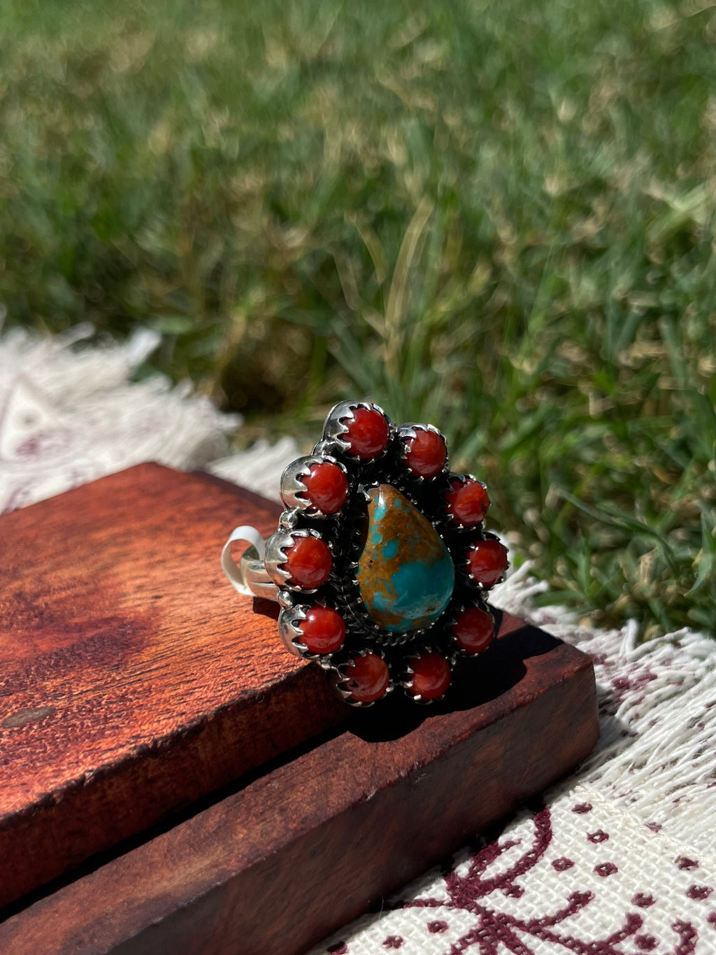 Turquoise & Coral Cluster Ring Size 6.5 | 925 Sterling Silver D306