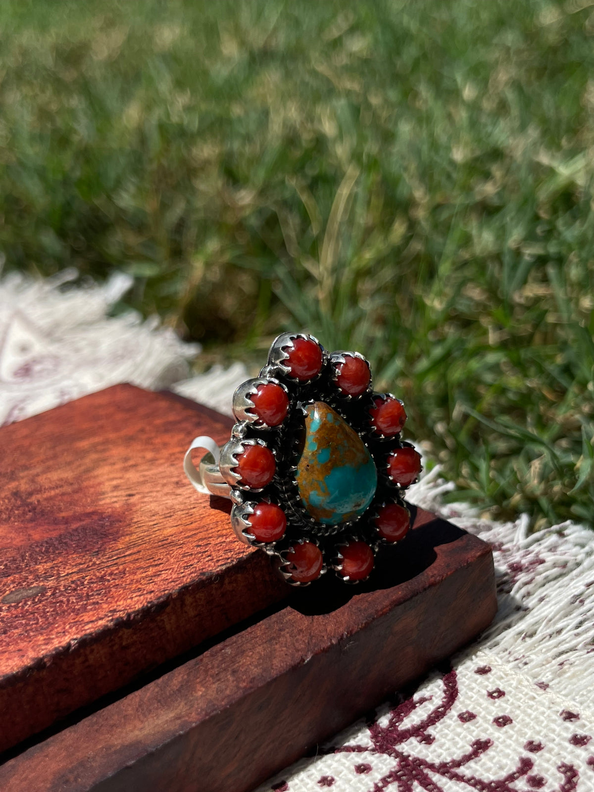 Turquoise & Coral Cluster Ring Size 6.5 | 925 Sterling Silver D306