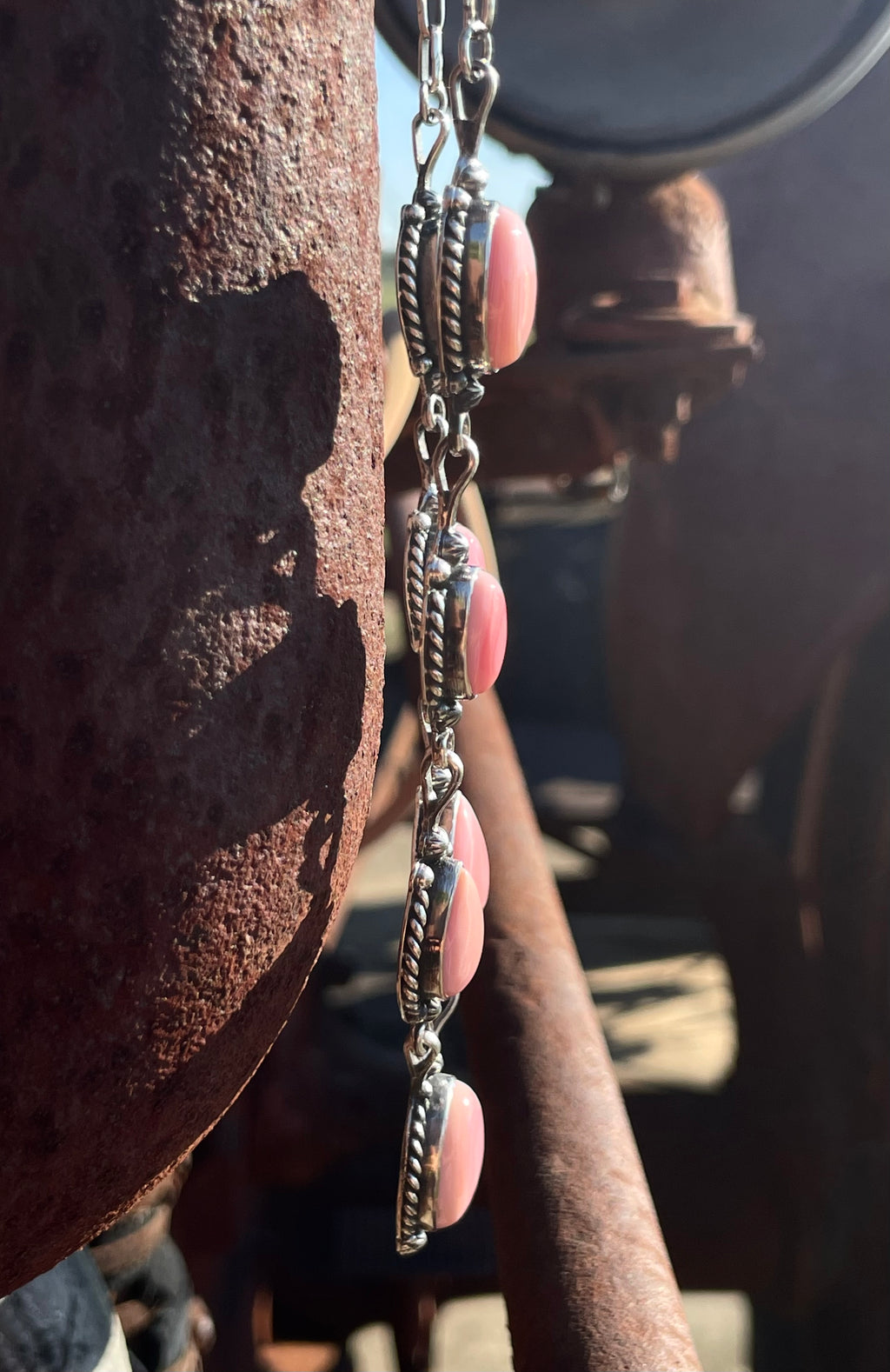 Pink Conch Lariat Necklace | Teardrop Station Drop | 925 Silver E565