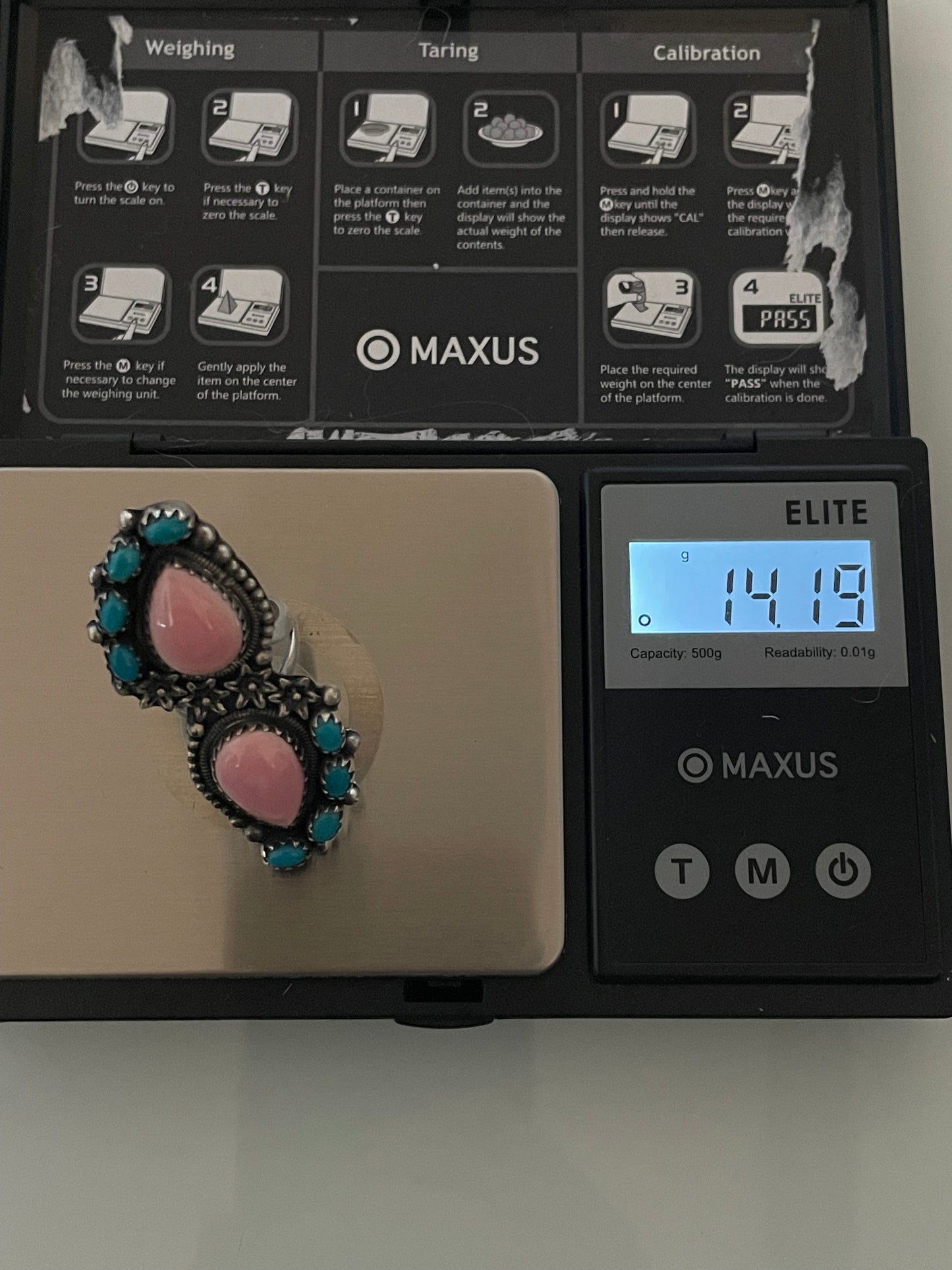 Pink Conch & Turquoise Double Teardrop Ring | 925 Sterling Silver Size 6 E299