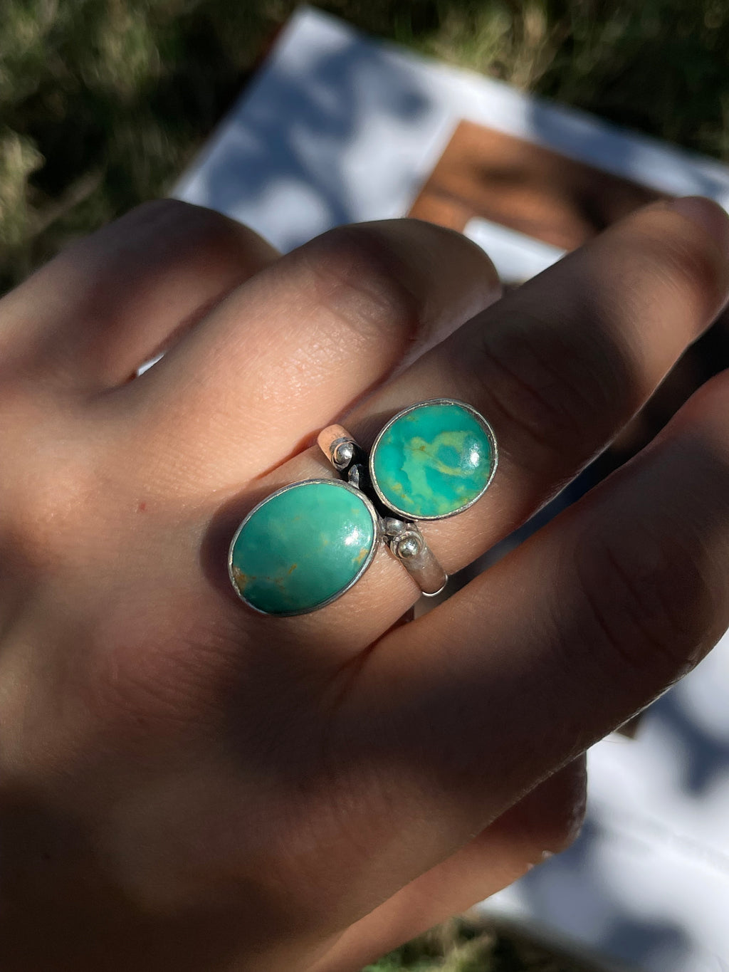 Turquoise Double Stone Ring | 925 Sterling Silver | Size 8 D353