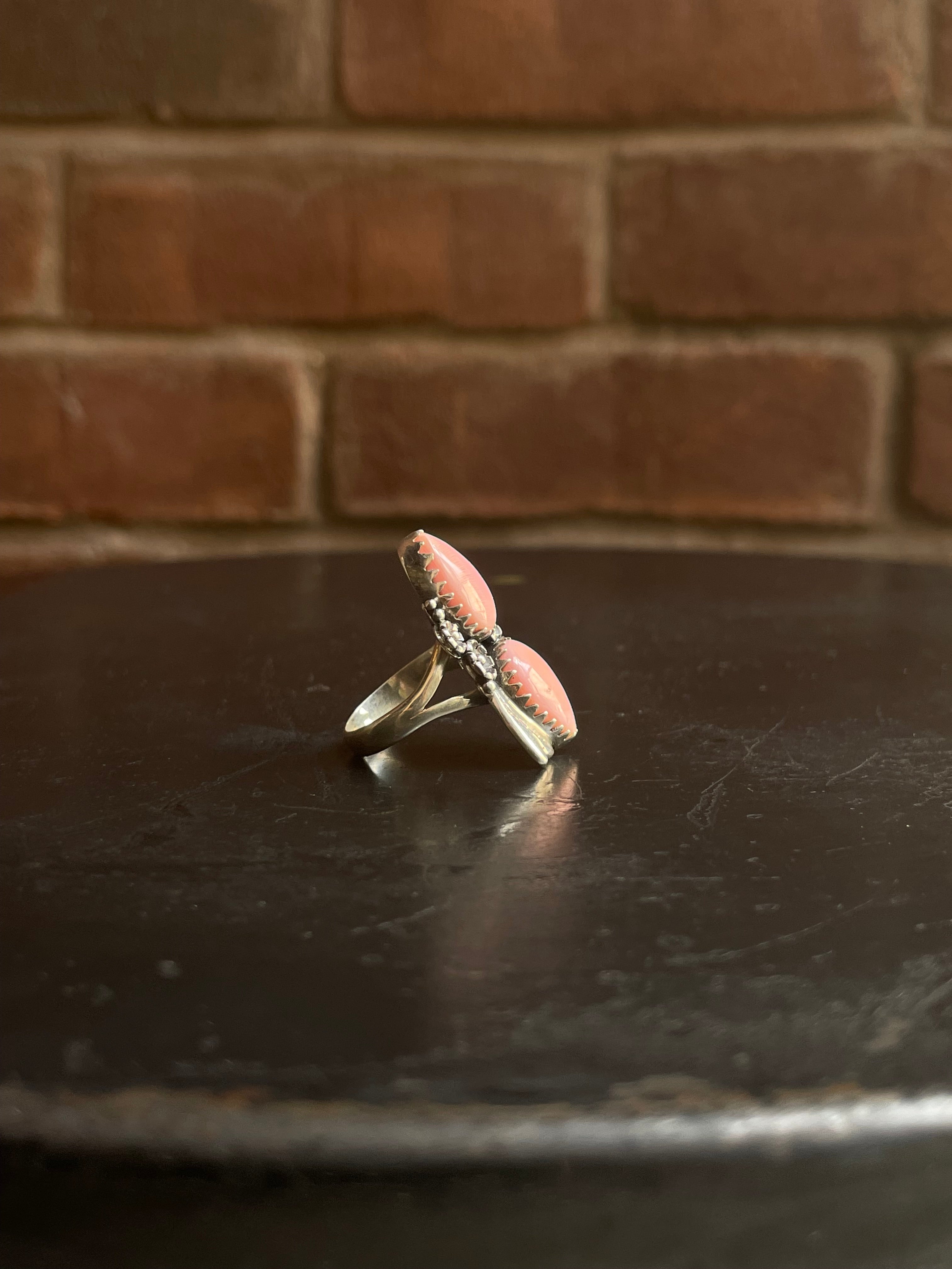 Pink Conch Double Tear Drop Floral Ring Size 7 | 925 Sterling Silver G532