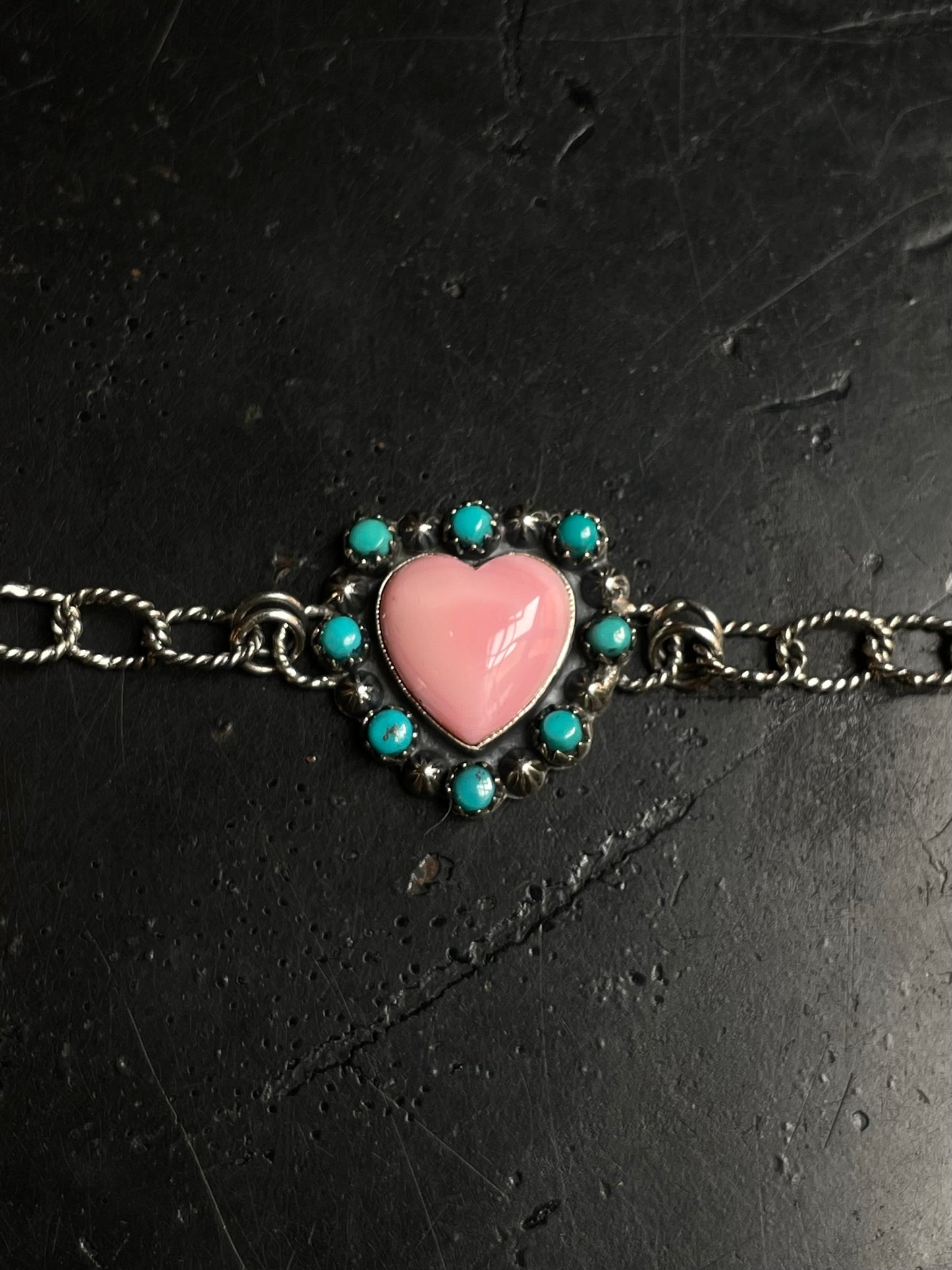 Pink Conch Heart Kingman Turquoise Link Bracelet | 925 Sterling Silver E104