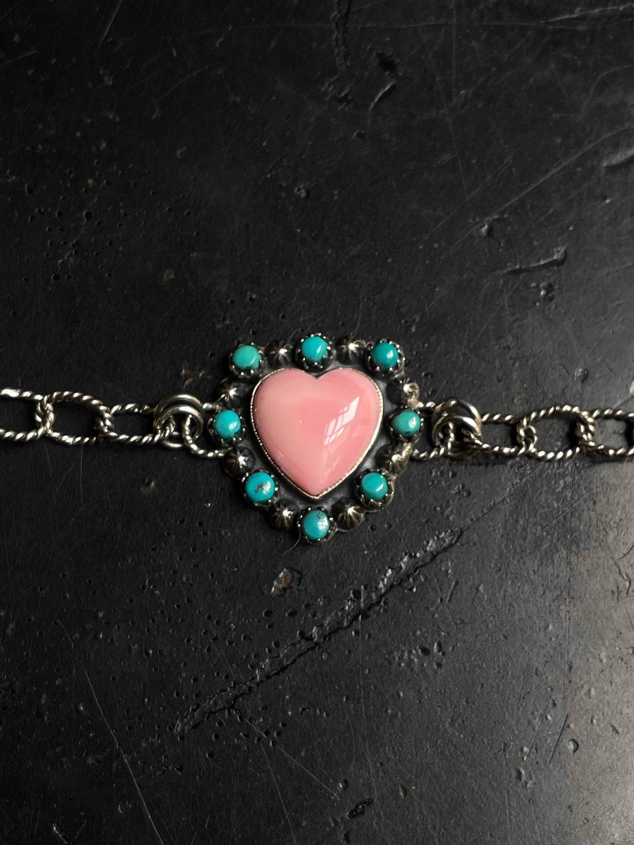 Pink Conch Heart Kingman Turquoise Link Bracelet | 925 Sterling Silver E104