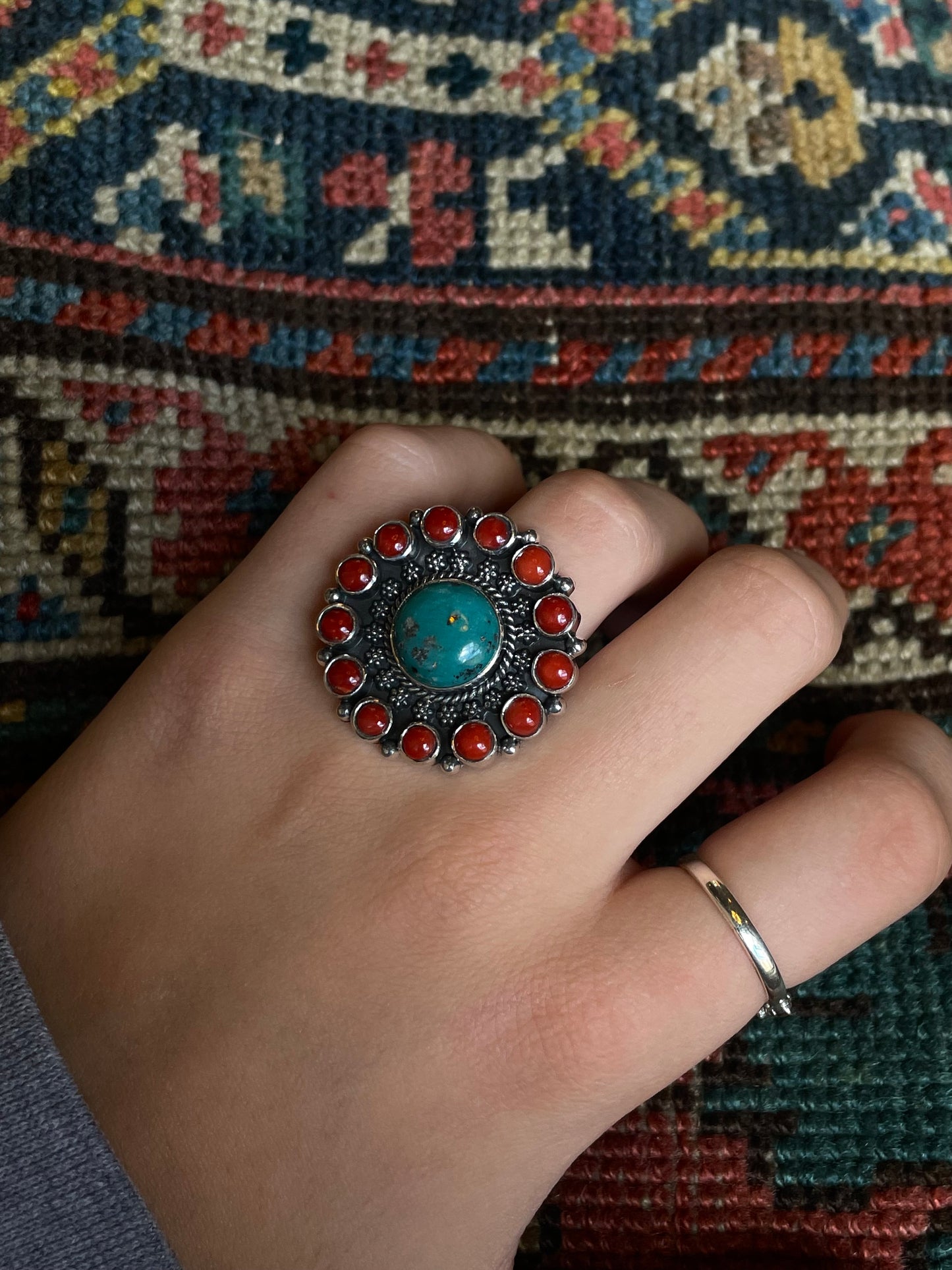 Turquoise & Coral Flower Ring | Sterling Silver 925 Size 6.5 C737