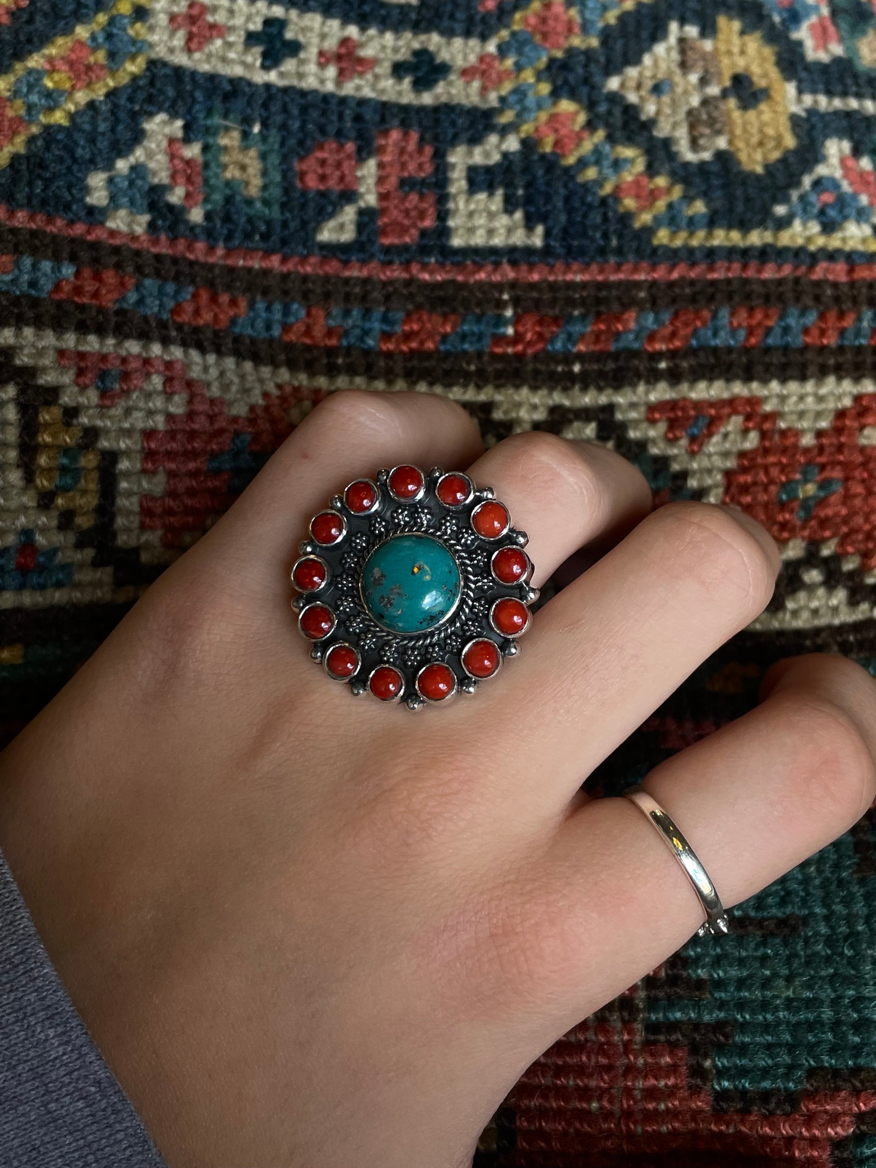 Turquoise & Coral Flower Ring | Sterling Silver 925 Size 6.5 C737