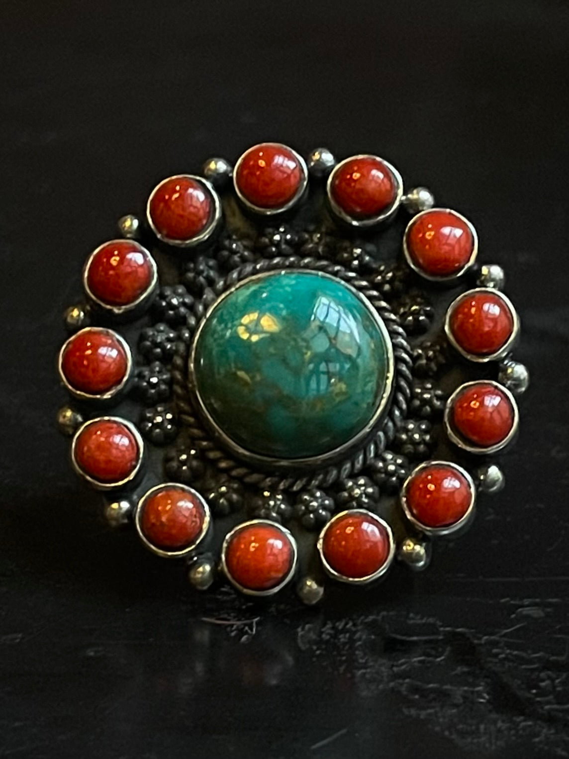 Coral & Turquoise Cluster Ring Size 9 | 925 Sterling Silver G262