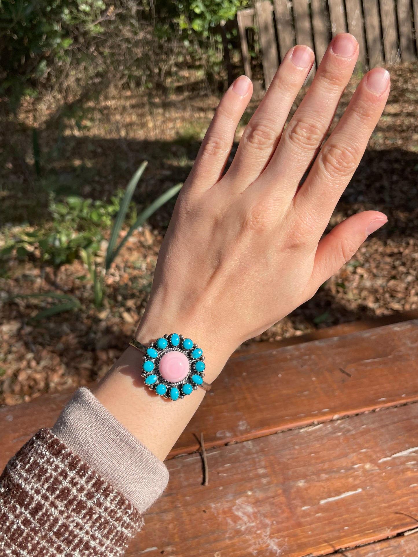 Pink Conch Turquoise Cluster Cuff Bracelet | 925 Sterling Silver D113