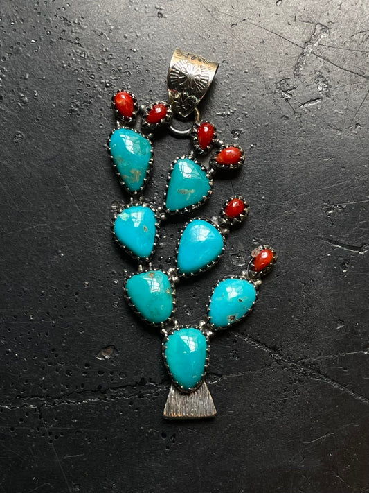 Turquoise Coral Cactus Pendant | 925 Sterling Silver E515