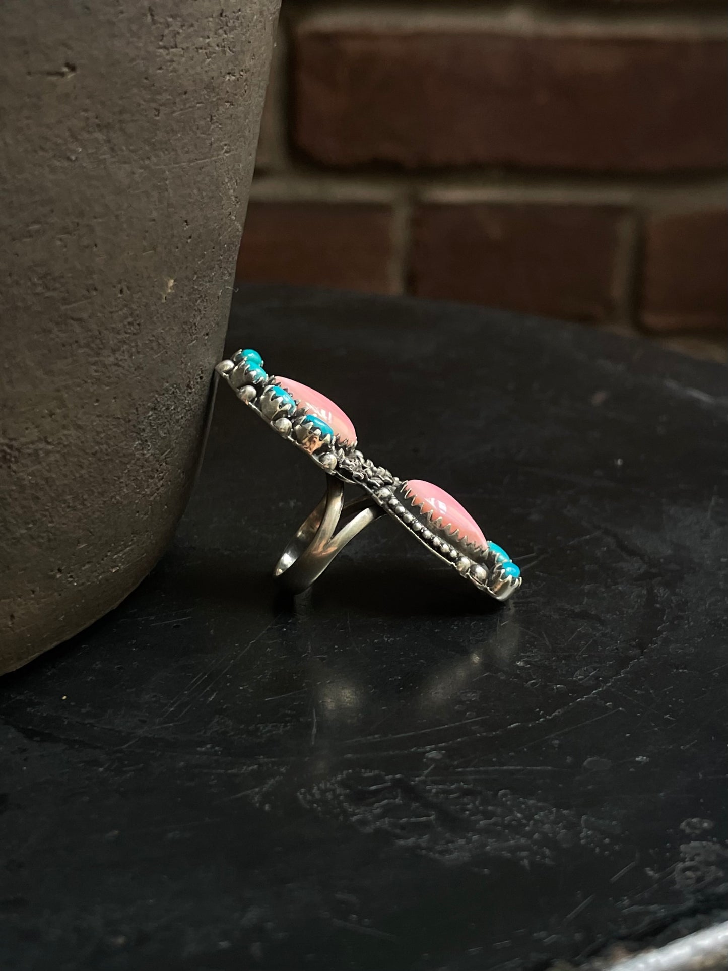 Pink Conch & Turquoise Double Teardrop Ring | 925 Sterling Silver Size 6 E299