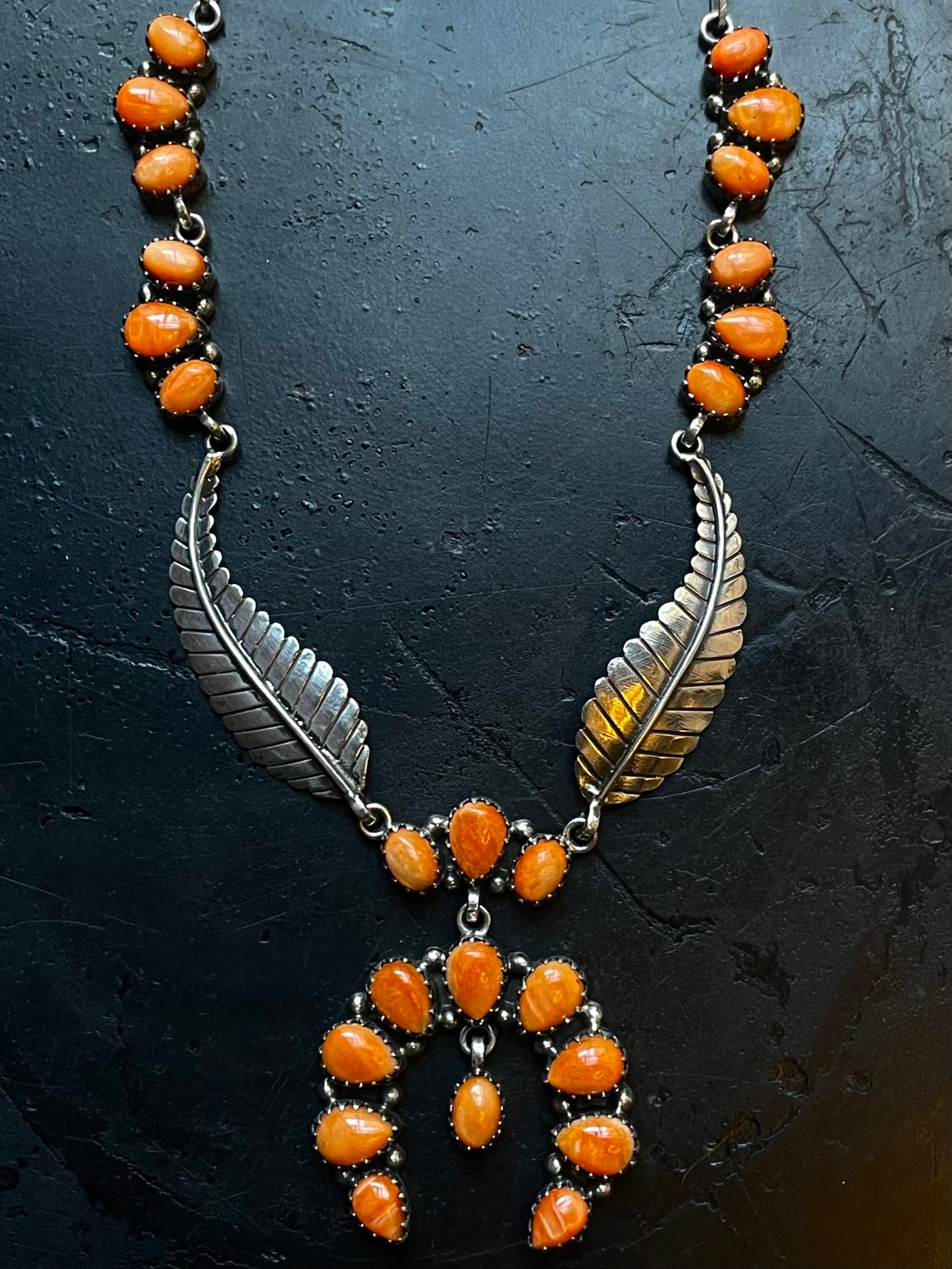 Orange Spiny Oyster Feather Naja Necklace | 925 Sterling Silver E602