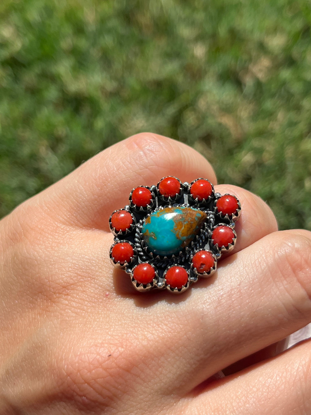 Turquoise & Coral Cluster Ring Size 6.5 | 925 Sterling Silver D306